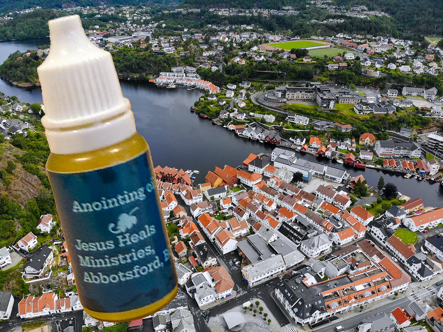 Picture of Flekkefjord center and an oil bottle from Jesus Heals Ministries.
