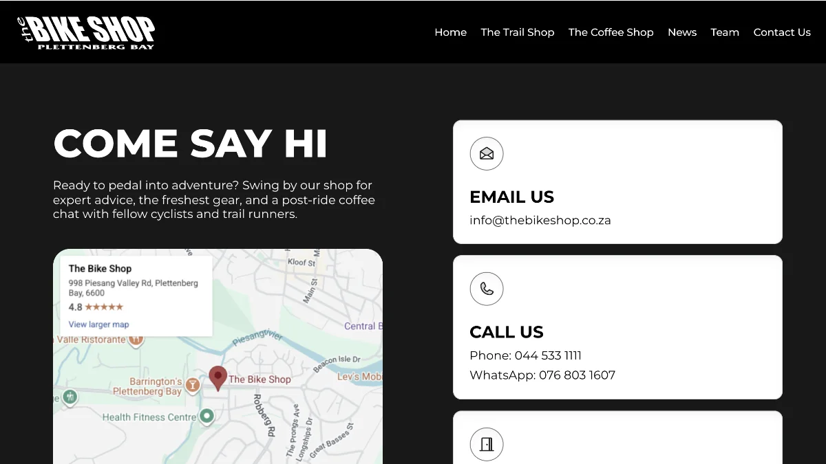 Contact Us page of The Bike Shop Website