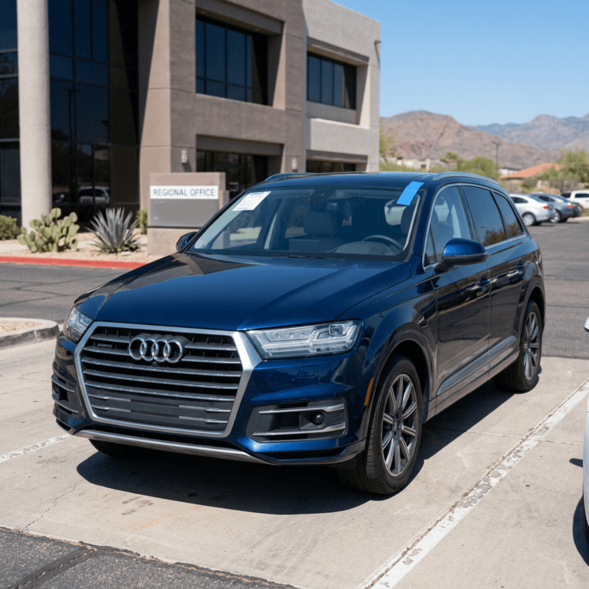 Blue Audi Q3 freshly serviced with a new windshield in a Buckeye, Arizona parking area