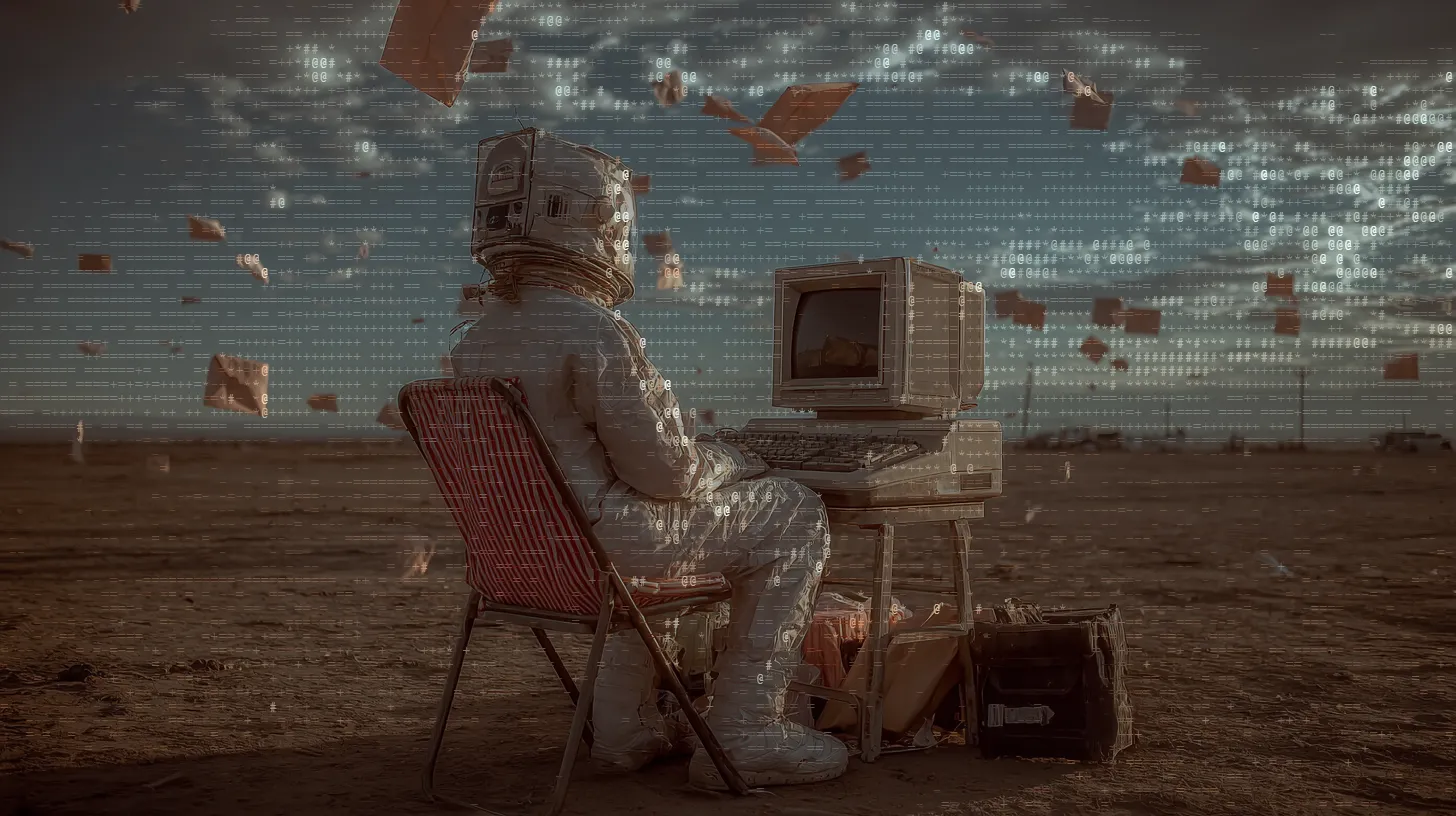 A futuristic concept art image of a humanoid robot sitting in front of an old desktop computer in the desert.