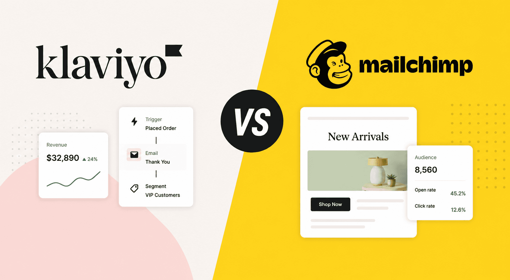 Klaviyo and Mailchimp interfaces side-by-side comparison.