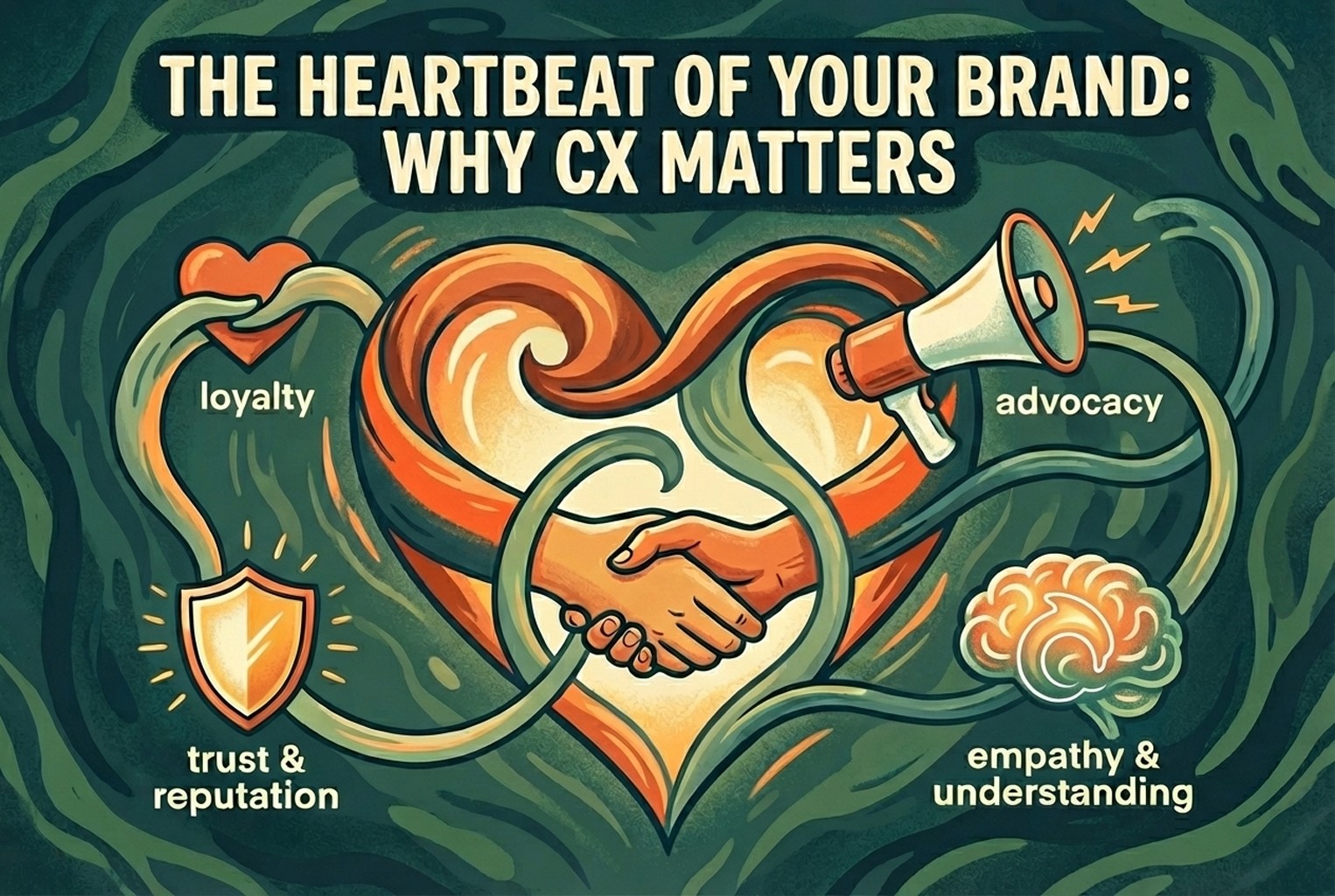 Illustration showing why customer experience matters, with trust, empathy, loyalty, and advocacy forming the heartbeat of a brand.