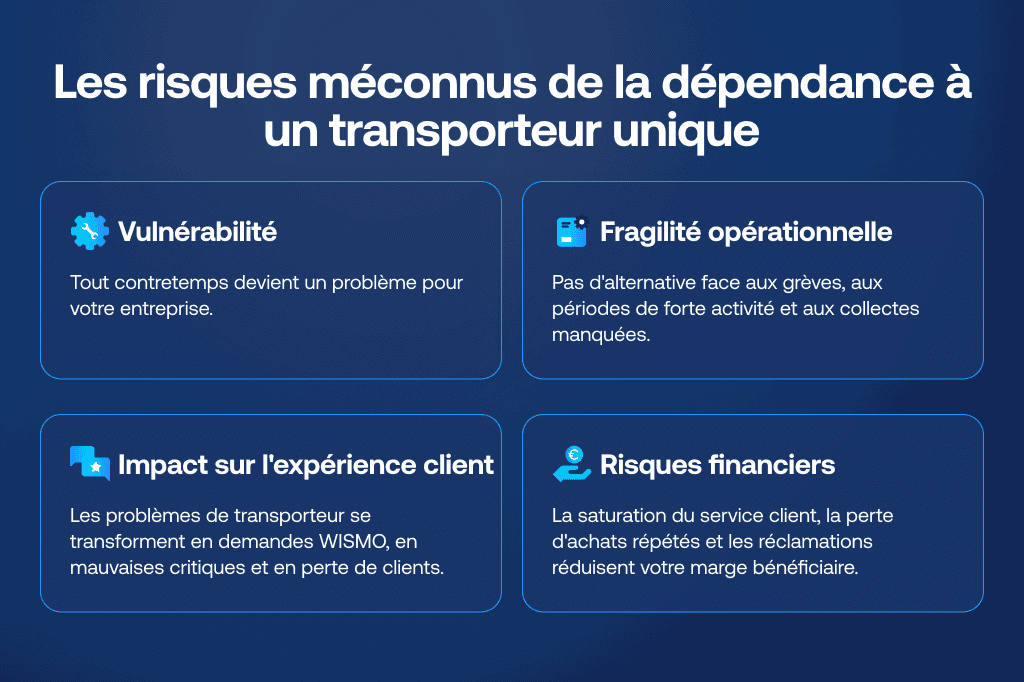 Graphique montrant les risques méconnus d’une stratégie d’expédition mono-transporteur : vulnérabilité face aux contretemps, fragilité opérationnelle, impacts négatifs sur l’expérience client et risques financiers.