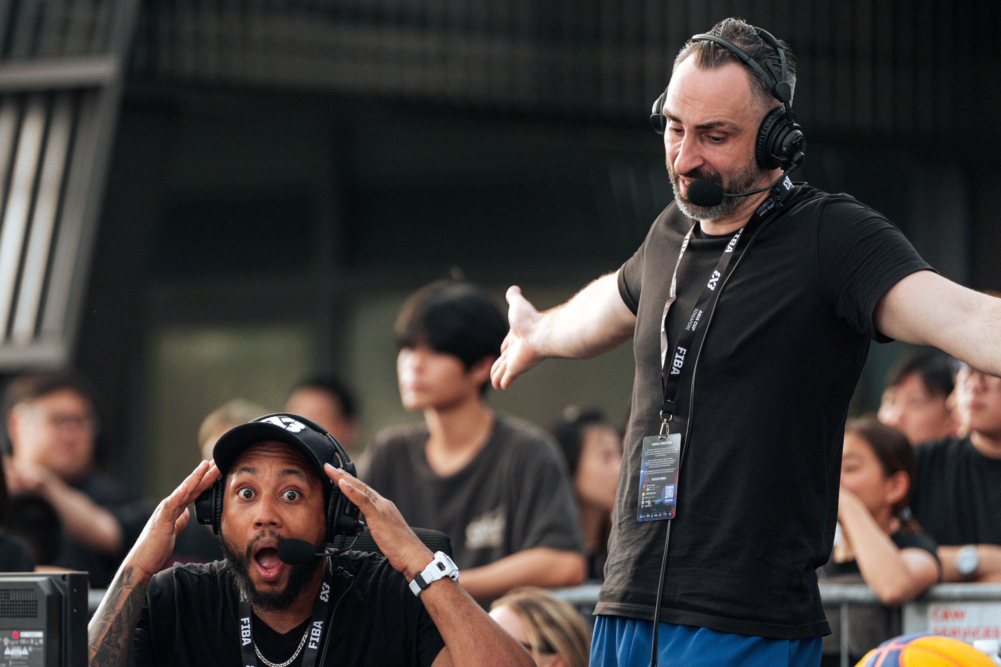 Commentators reacting during the FIBA 3x3 tournament in Singapore, 2025