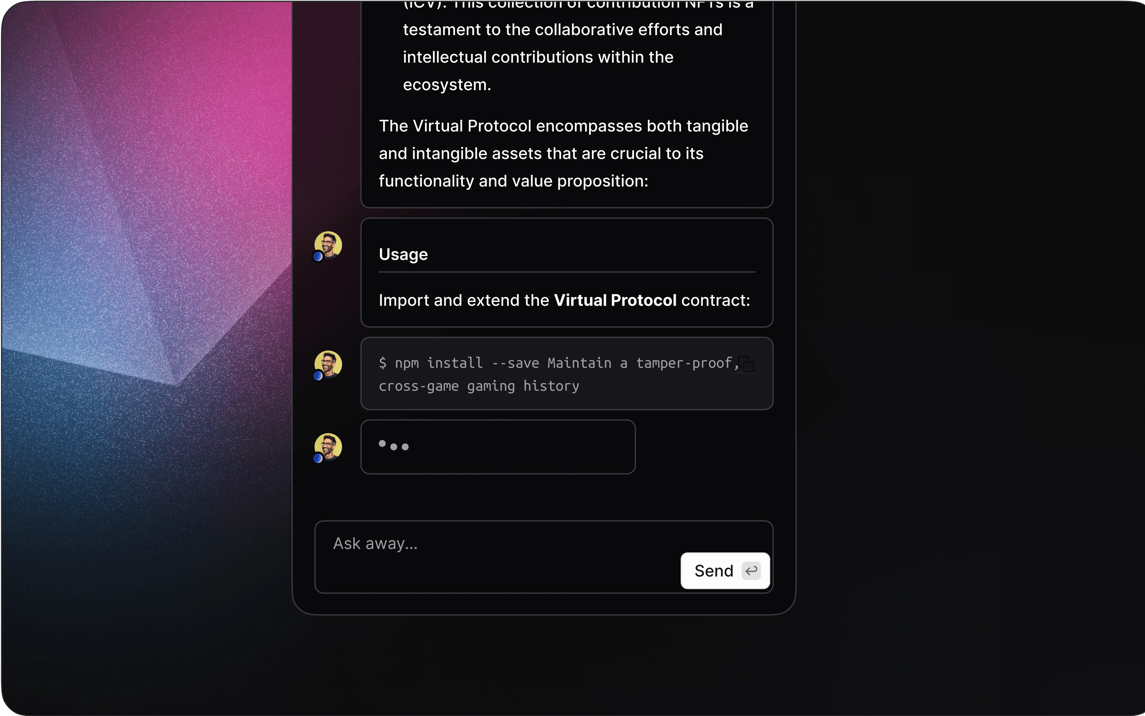 A dark-themed AI widget interface showing chat messages discussing the Virtual Protocol usage and an npm install command.
