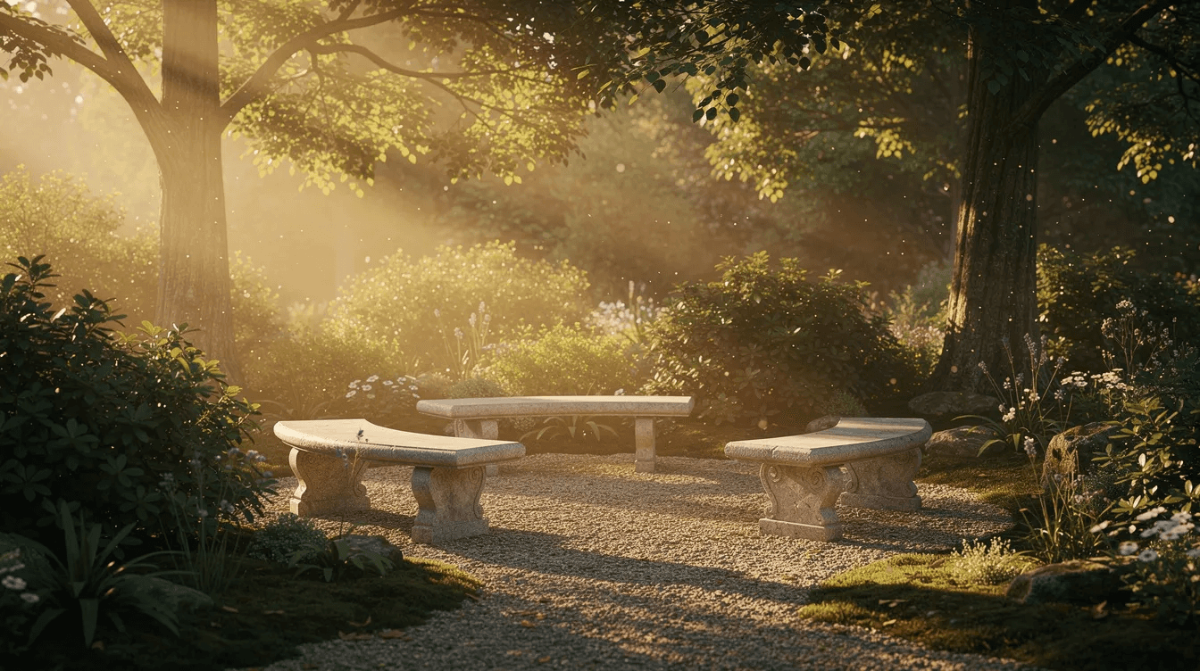 The image depicts a tranquil garden featuring stone benches, with sunlight gently filtering through the leaves of trees, creating a serene atmosphere ideal for reflection on life and future generations. This peaceful setting can inspire thoughts about estate planning and the importance of conveying final wishes to loved ones through legally binding documents.