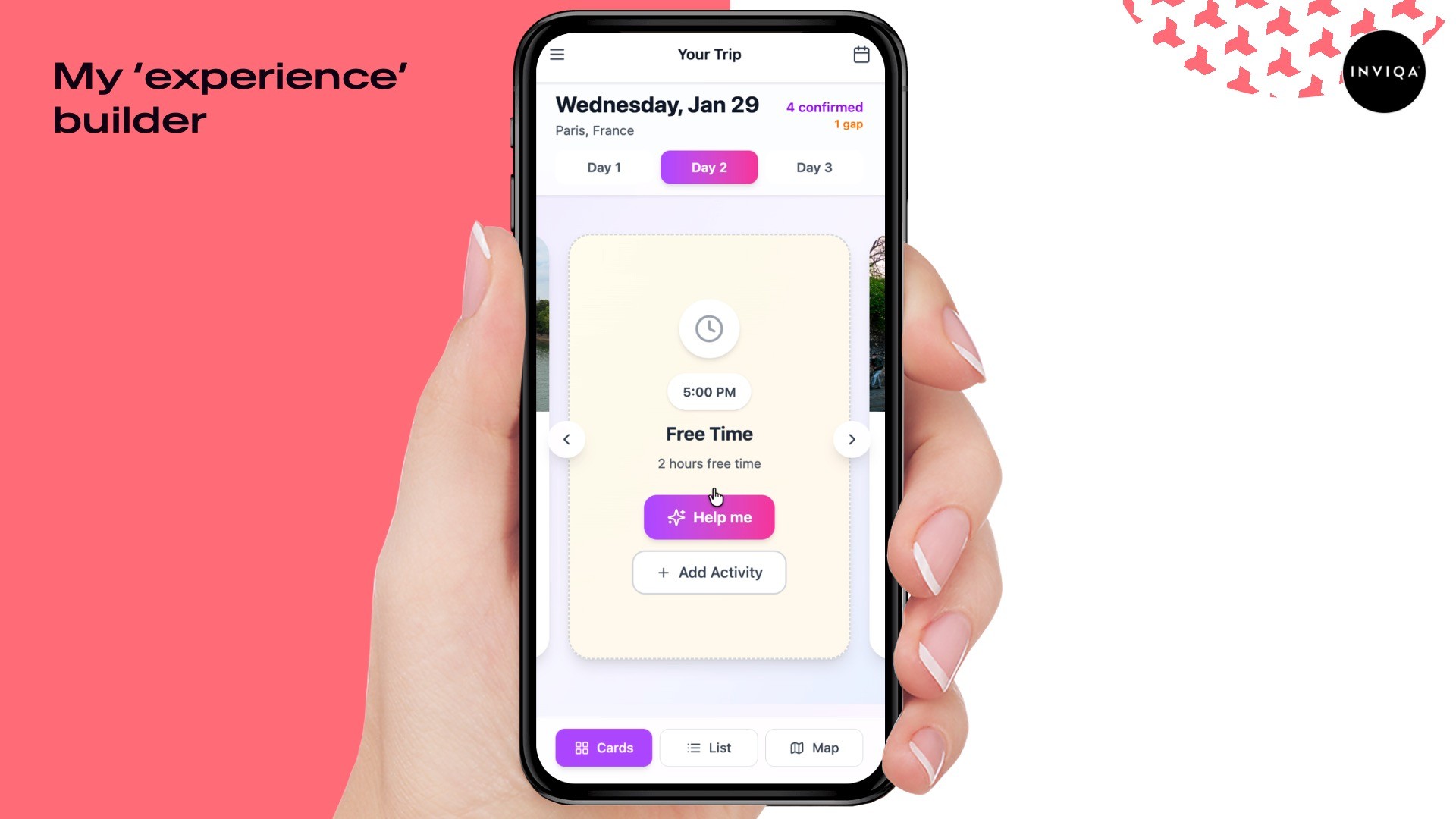 A prototype trip planner with 'free time' slots that can be ignored or filled with AI suggested activities