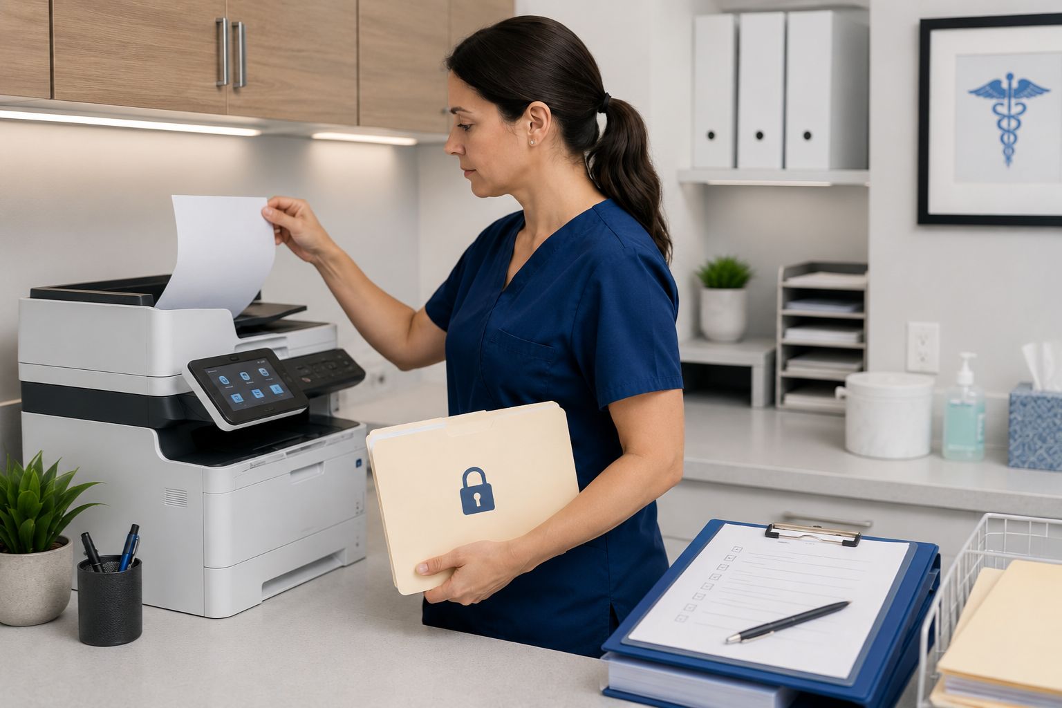 Healthcare worker securely faxing patient records in a medical office
