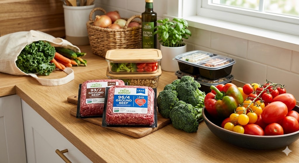 A healthy grocery shopping scene on a kitchen counter featuring packages of "Fresh Harvest Lean 93/7" and "96/4 Ground Beef" surrounded by fresh vegetables like kale, broccoli, tomatoes, bell peppers, and several clear glass meal prep containers.