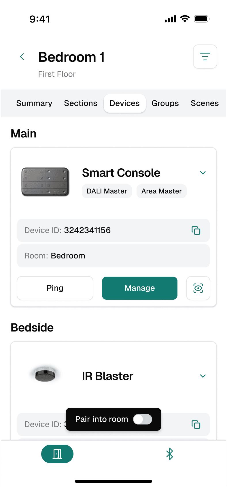 Keus Ops app: room devices with Identify and Ping actions