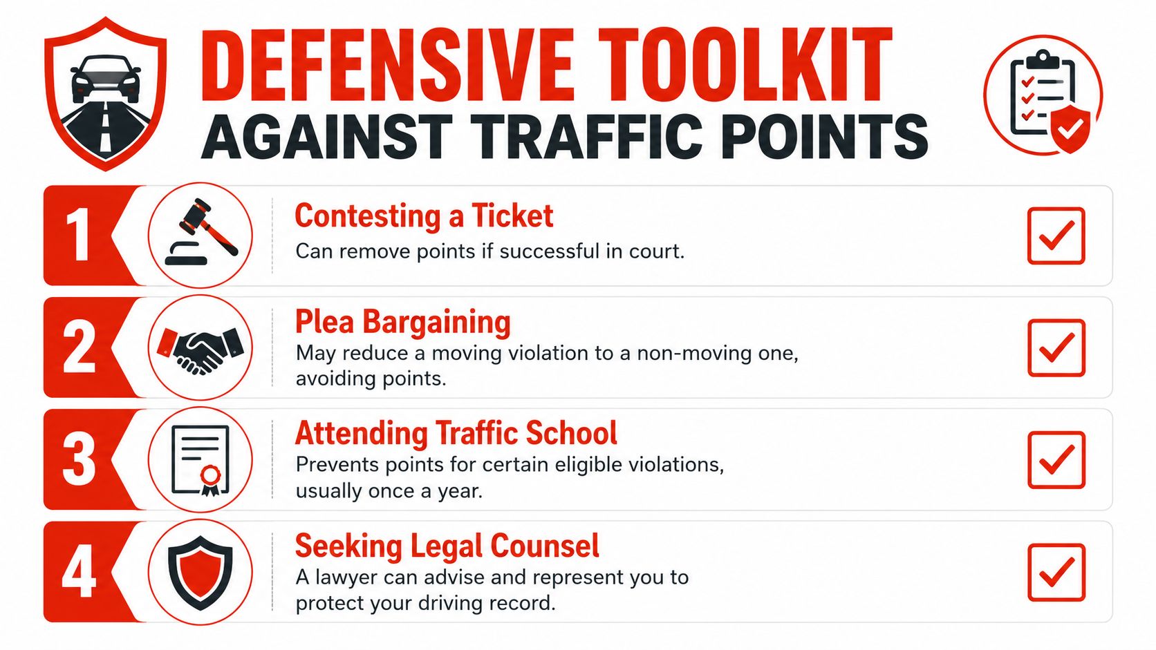 A list of four strategies to avoid traffic points, including contesting tickets, plea bargaining, traffic school, and legal counsel.