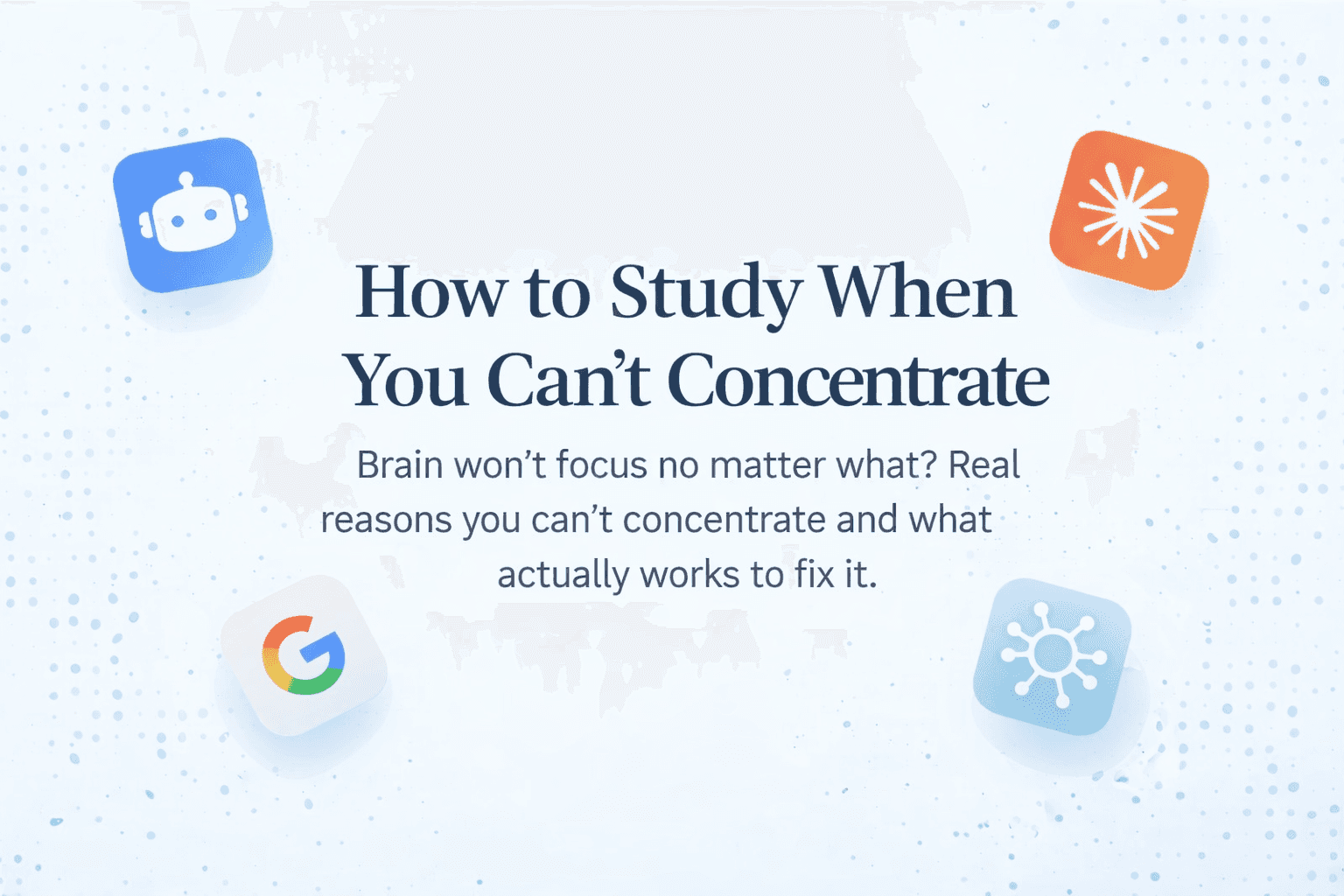 Title about Student struggling to focus while studying, with a clean minimalist background highlighting tips to improve concentration.