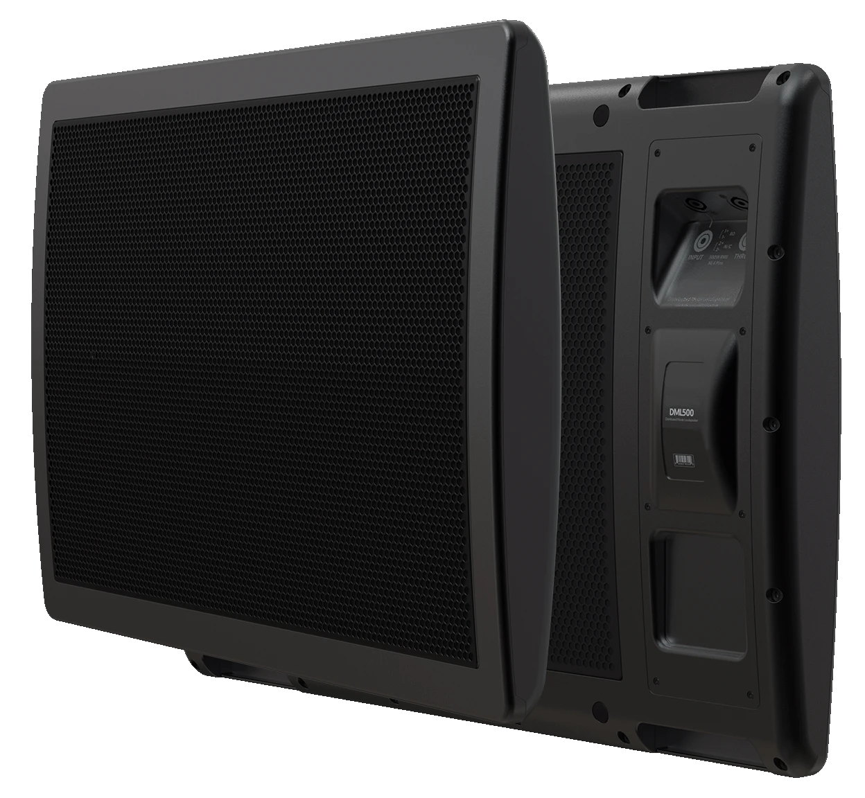 Black amplified speakers with honeycomb grille