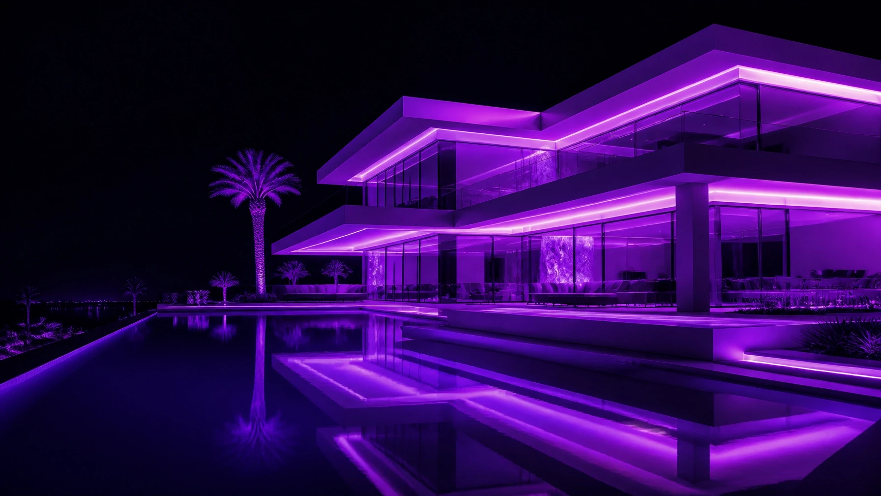 a luxurious home lit with purple lights