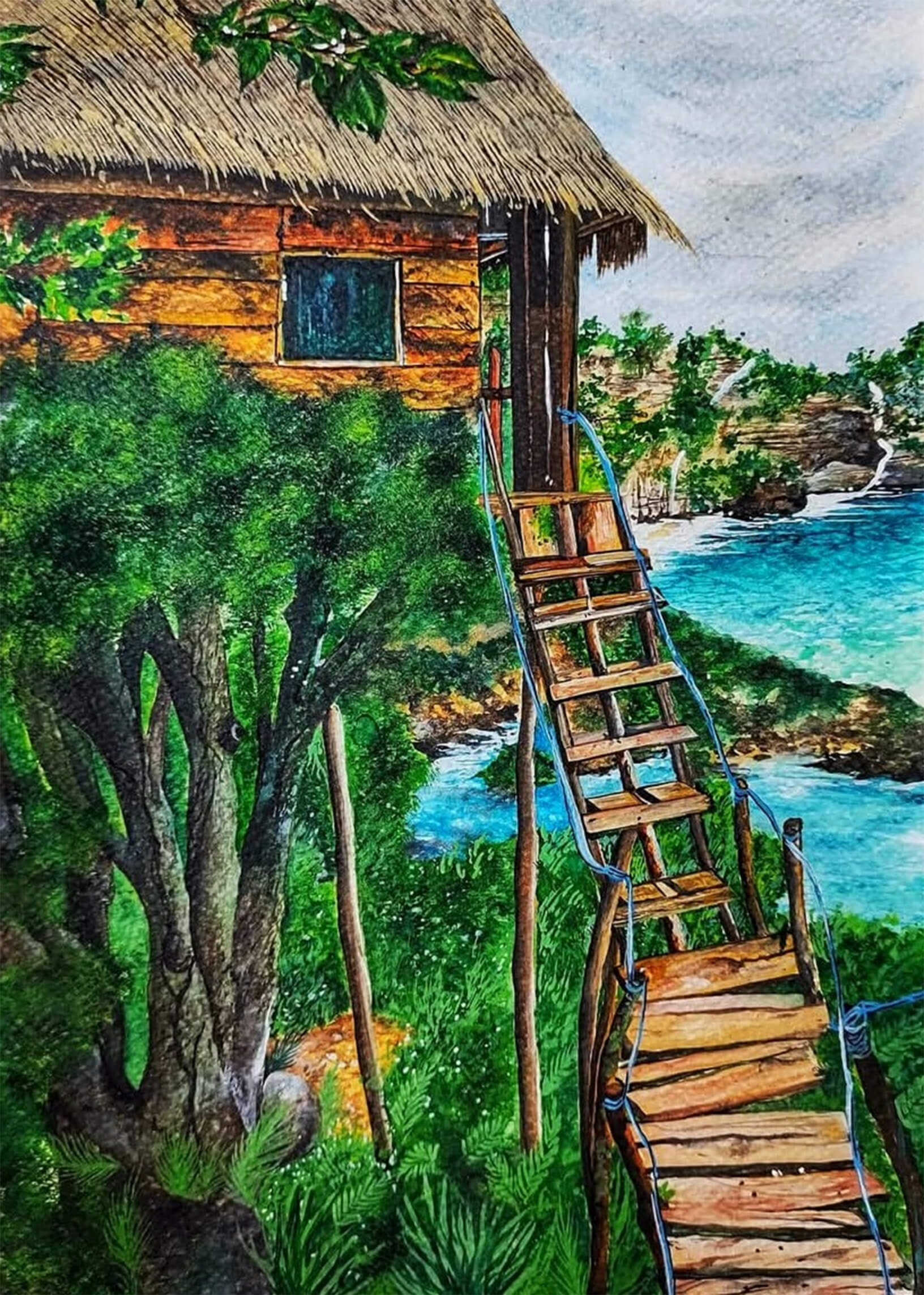 Watercolor painting of a wooden hut with a thatched roof beside turquoise water, reached by a narrow wooden staircase through green trees.