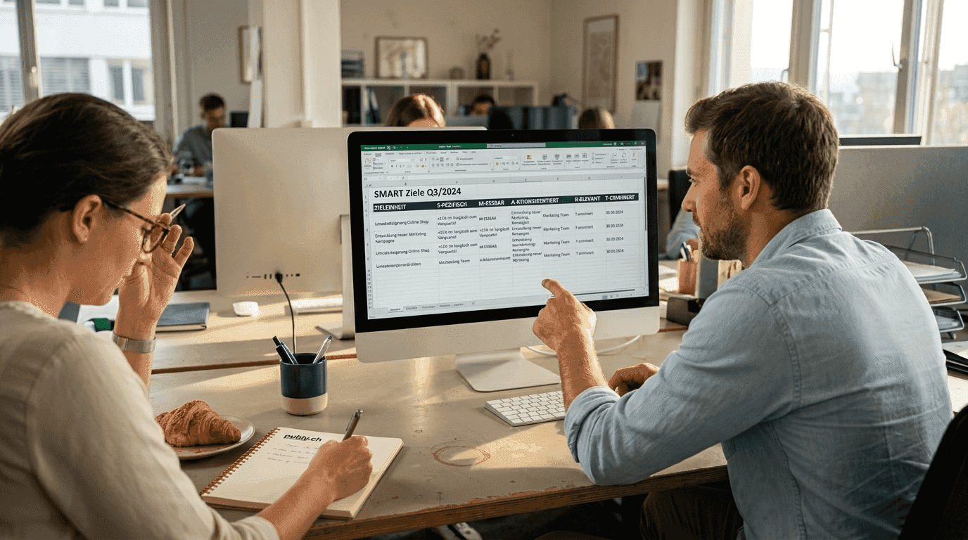 Kollegen sitzen gemeinsam am Schreibtisch und legen konkrete, messbare Ziele fest.