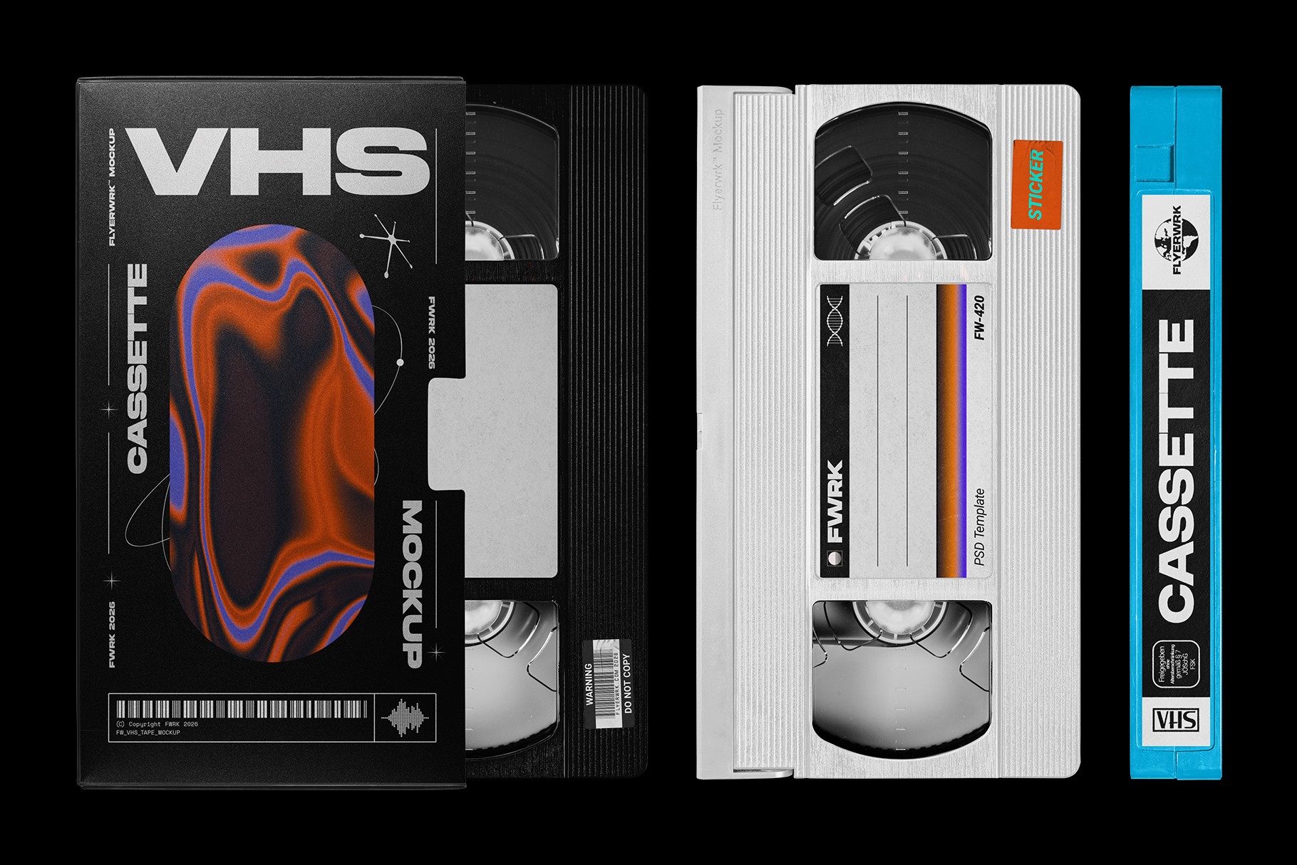 Retro VHS Cassette Mockup featuring a black case, silver tape, and blue side spine view options
