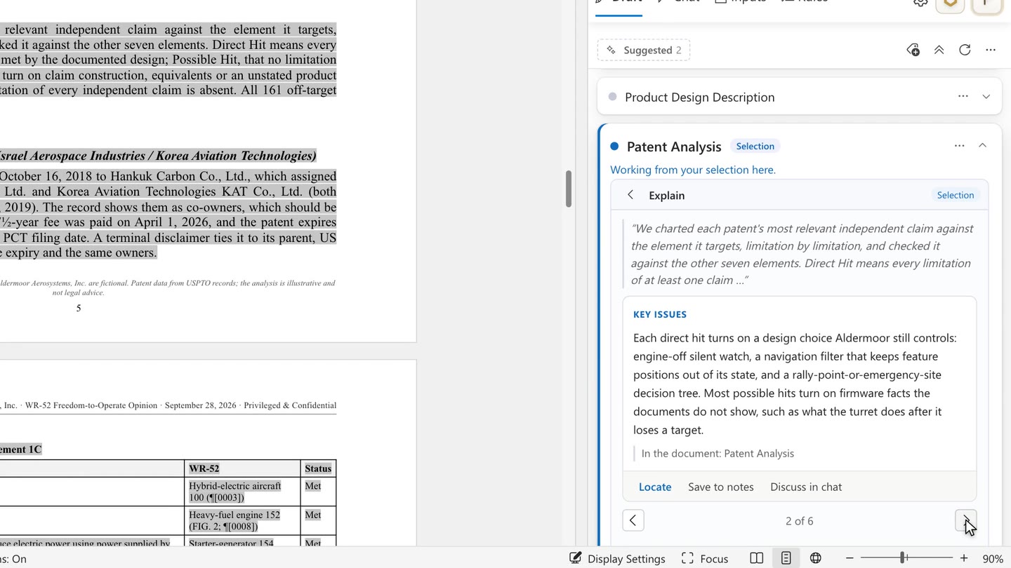 Explain runs on the Patent Analysis section for in-house counsel; Locate selects the passage in Word and a comment by Jordan Ellis appears in the margin