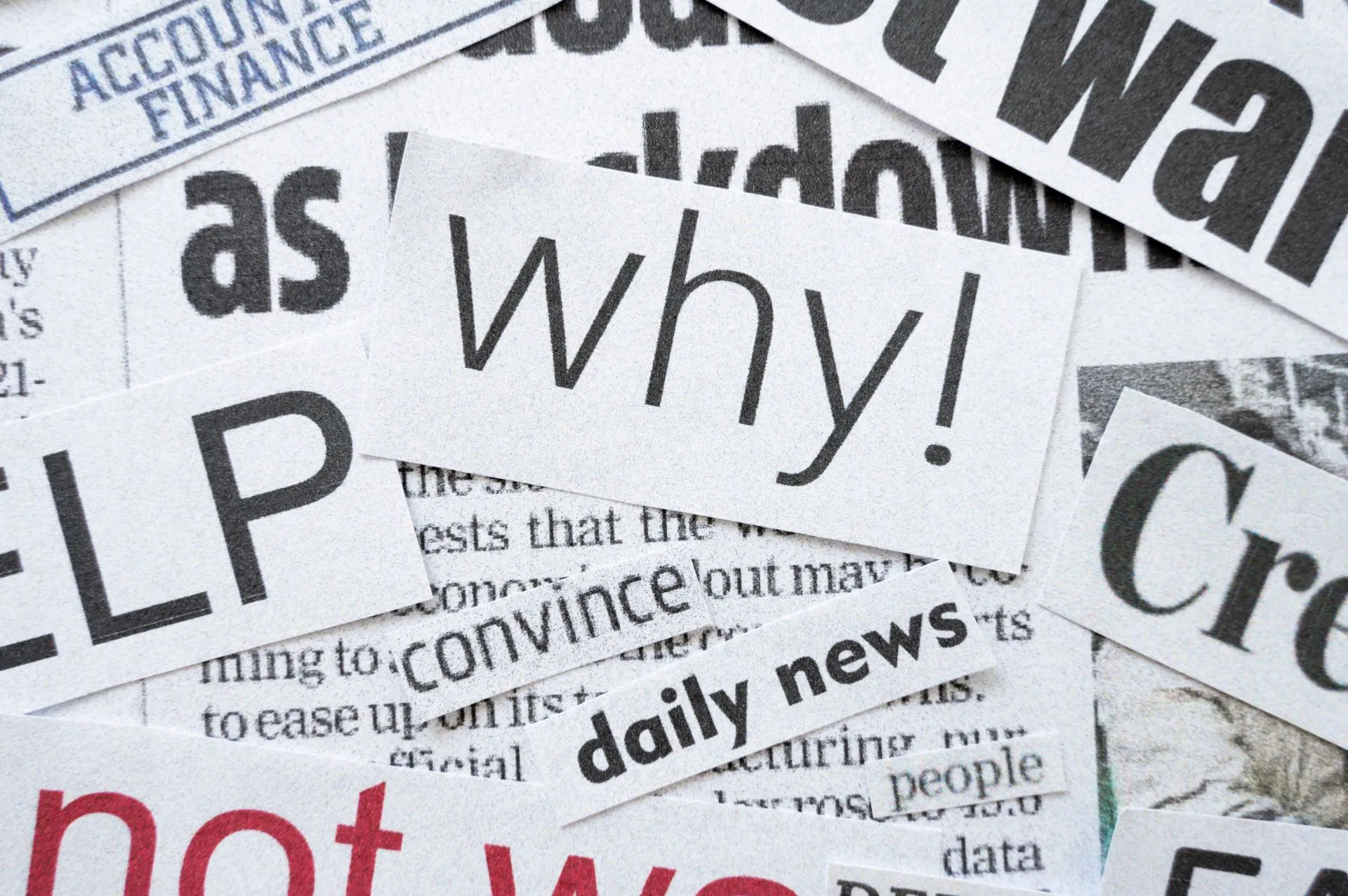 A collage of newspaper headlines featuring words like "Help," "Why!" and "Do not wait," on a blurred background.