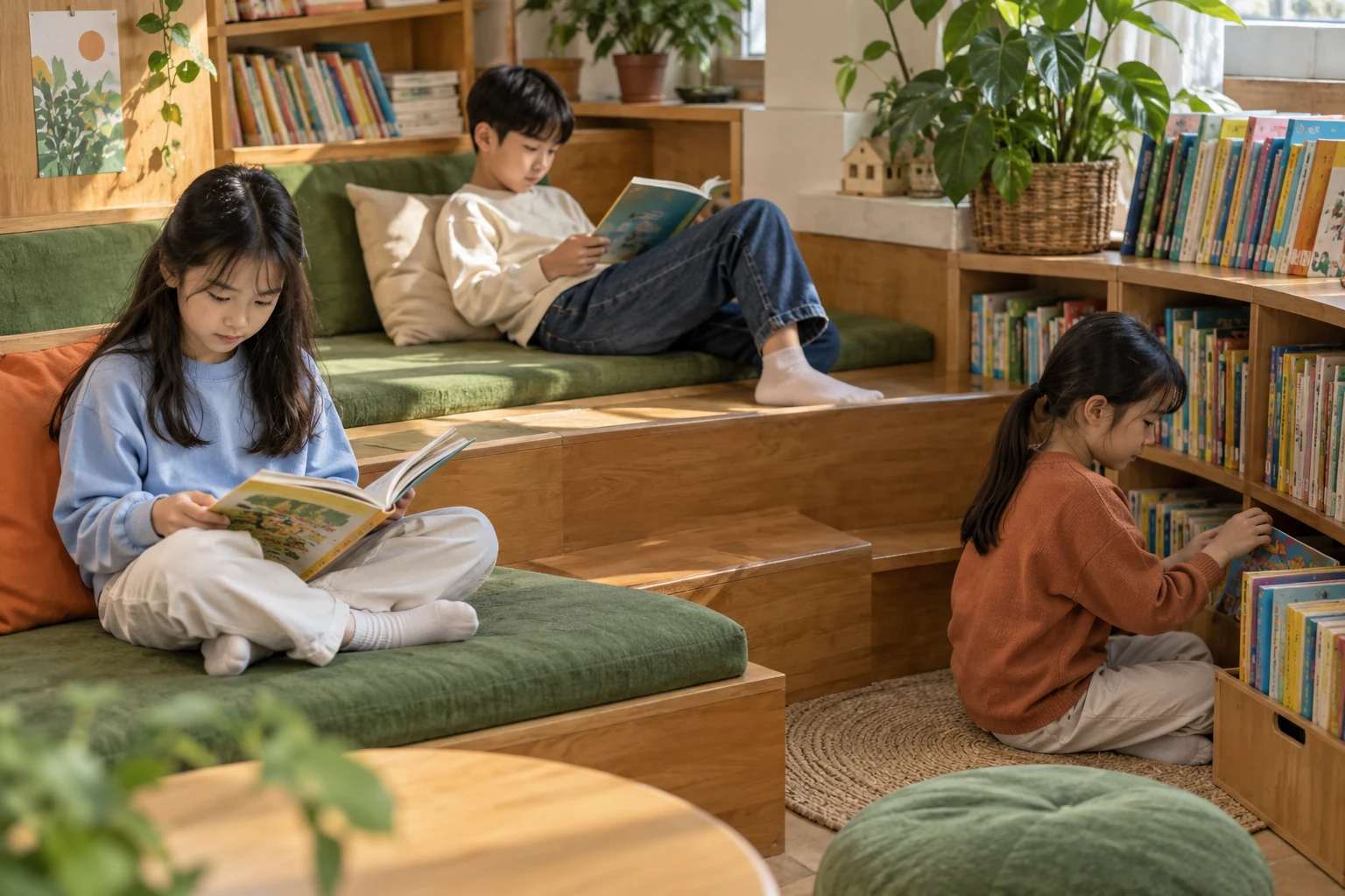 Korean children reading on stepped library seating