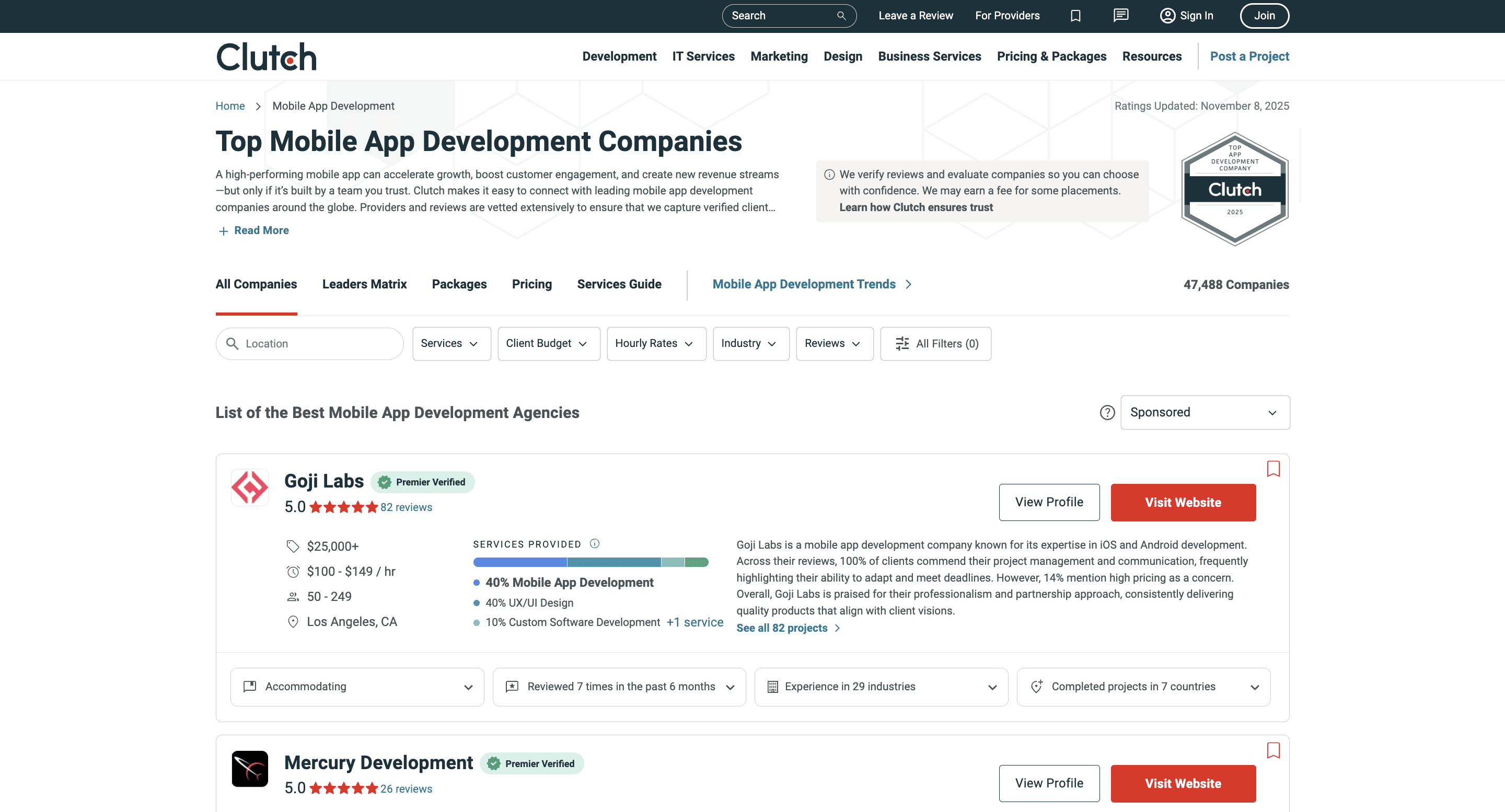 List of top mobile app development companies from Clutch.co website