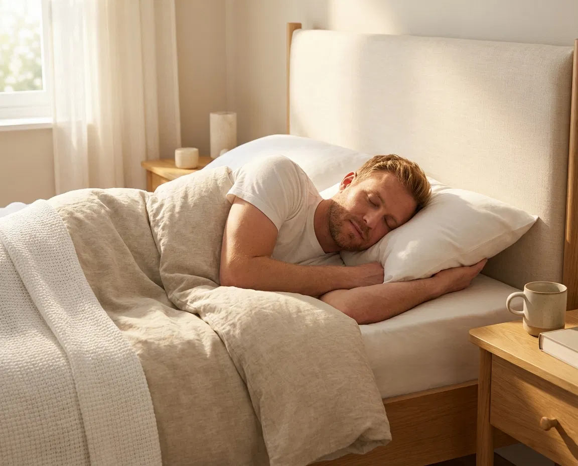 Person sleeping peacefully in bed.