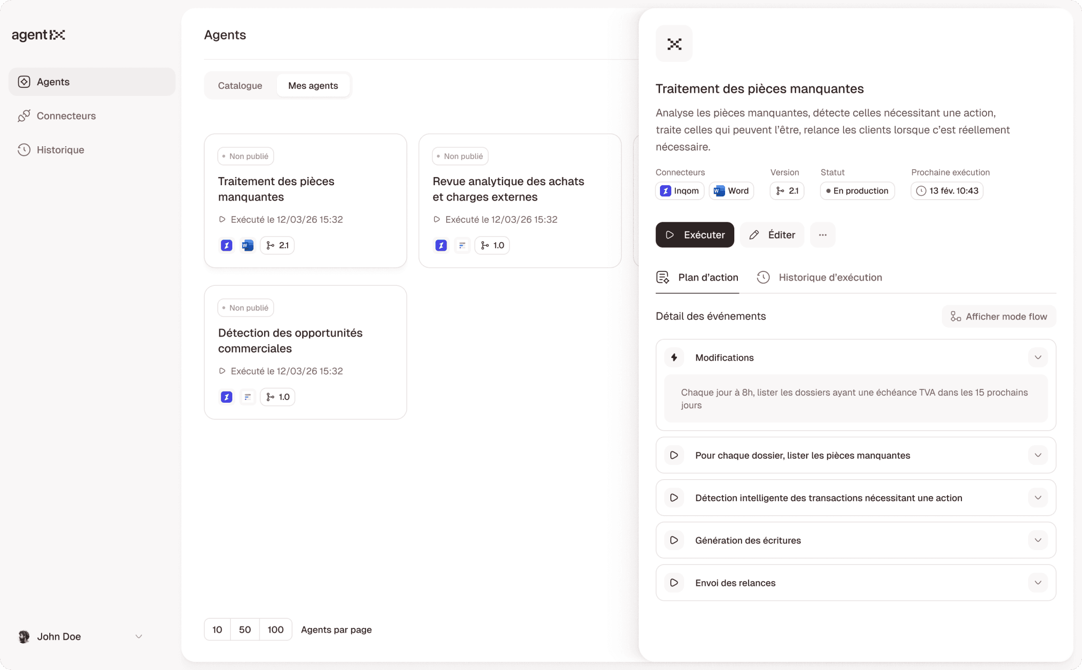 Interface Agentix de création et gestion d’agents IA pour experts-comptables