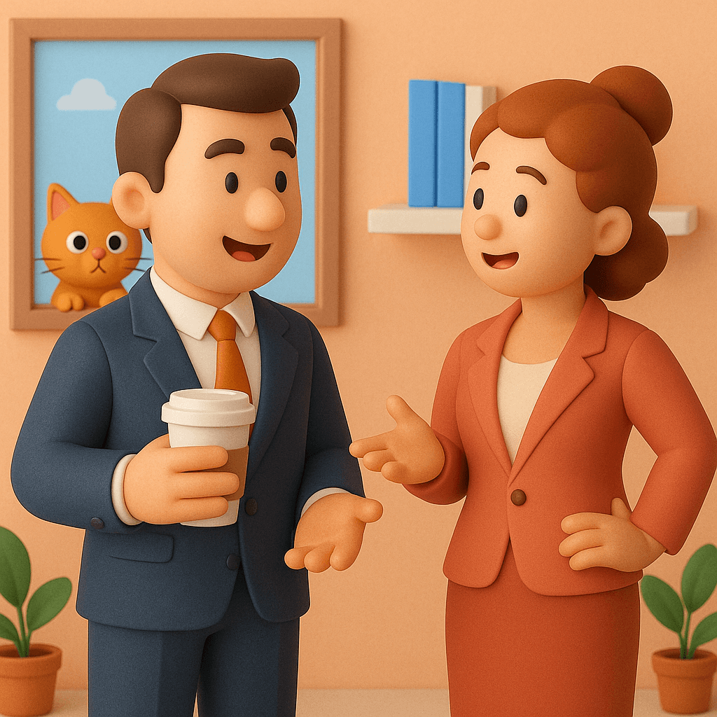 A clay-style illustration of a businesswoman and businessman having a conversation. The man is holding a coffee cup, and a cat peeks out from a picture frame in the background.