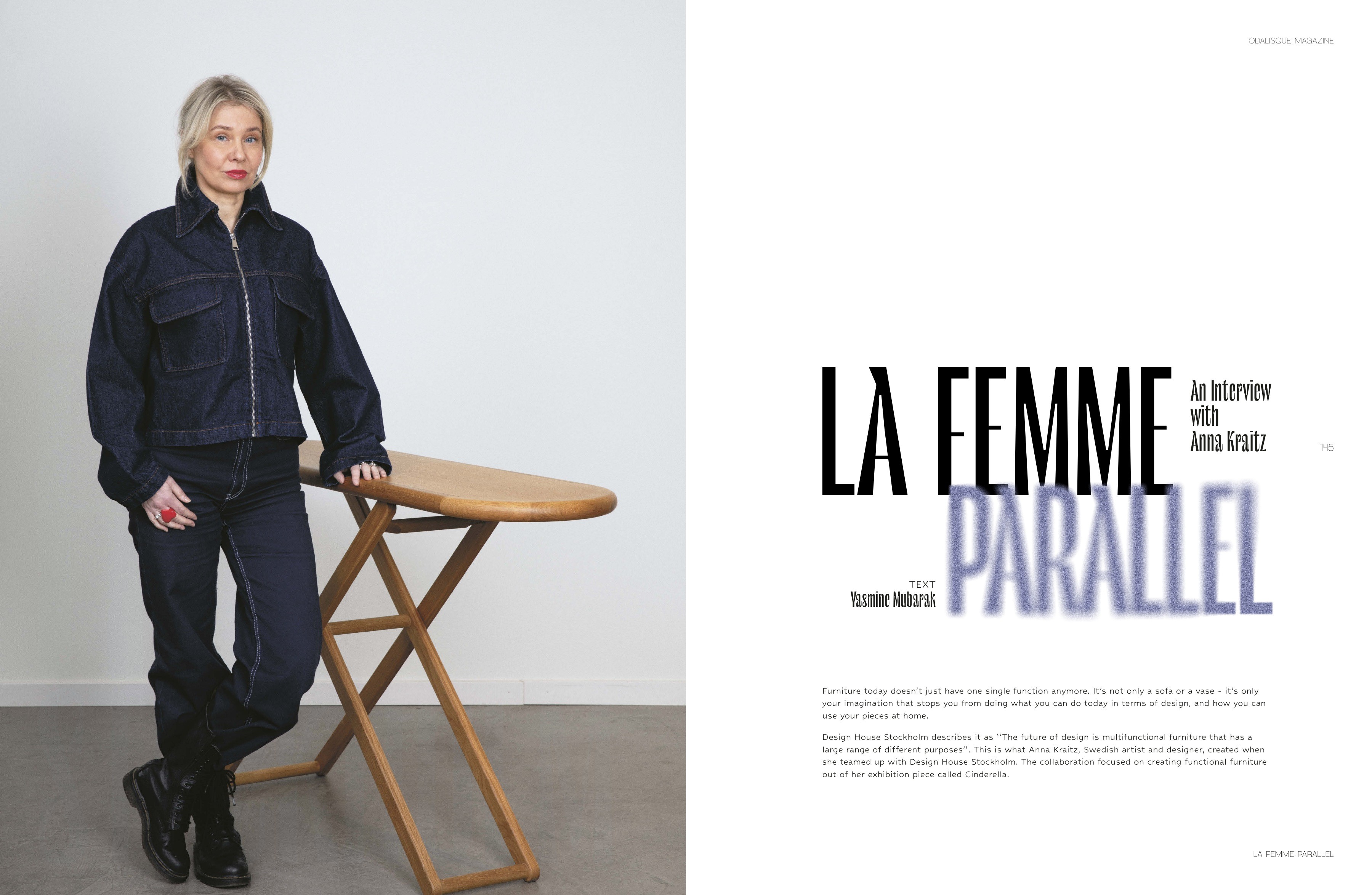 Portrait of designer Anna Kraitz opposite a black and lavender condensed headline and interview text.