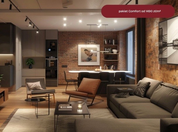 Nowoczesny salon z ceglaną ścianą, ciemną sofą, skórzanym fotelem i stołem jadalnym