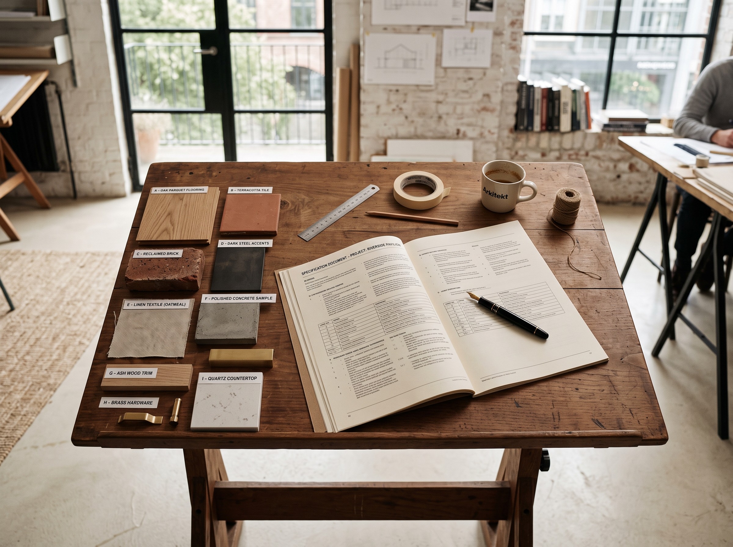 Overhead shot of a finished specification document laid on the drafting table, surrounded by labelled material samples 