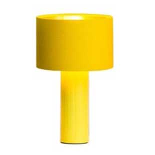 A bright yellow modern table lamp with a cylindrical base and a cylindrical lampshade, shown on a white background.