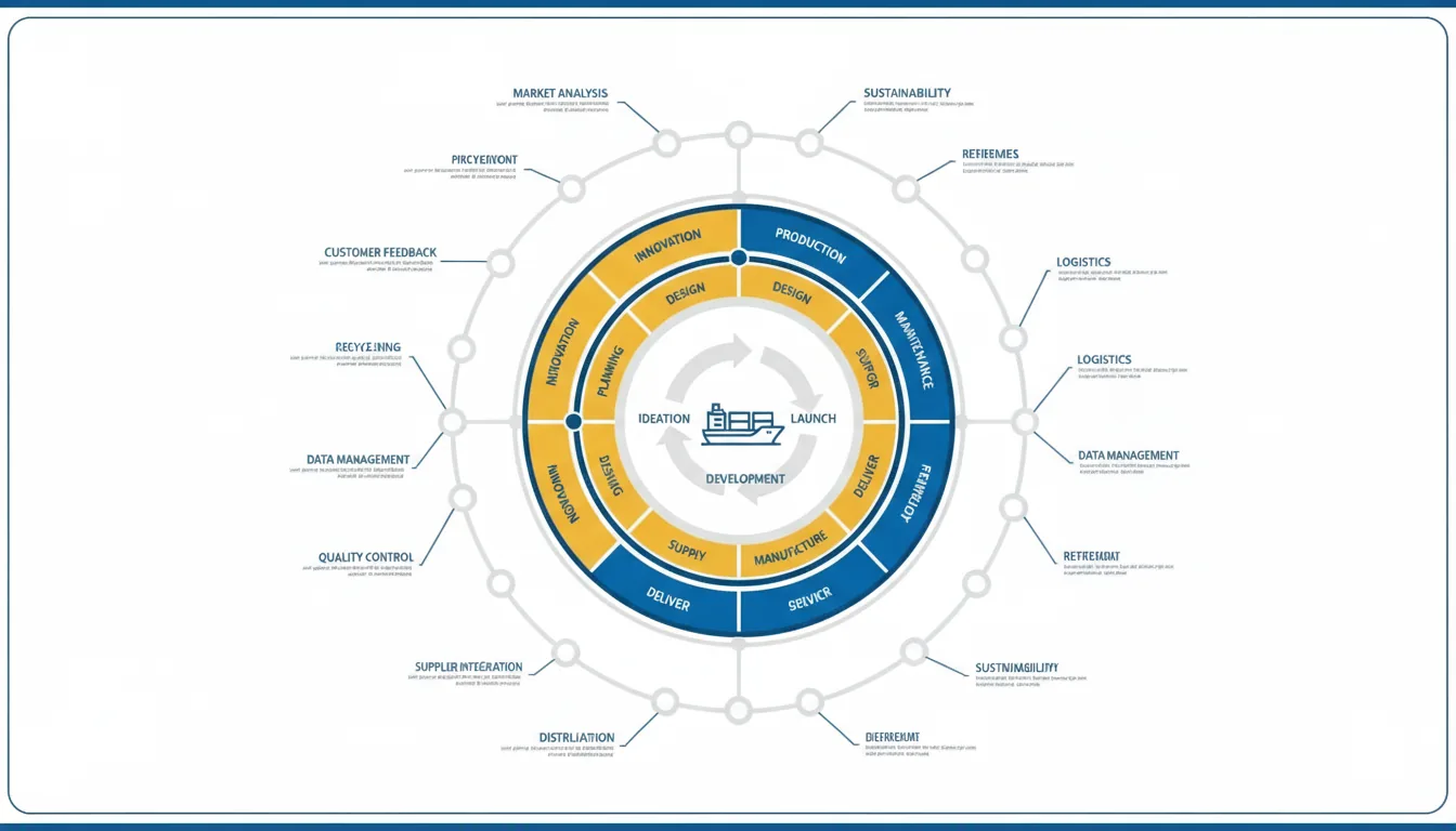 A corporate process diagram visualizing a product lifecycle management (PLM) system, flat vector infographic style. In the center, a simple blue line art icon of a container ship is surrounded by a circular flow diagram with three light gray arrows and placeholder text. This core is encircled by two bold concentric rings, one segmented with yellow and blue, and an outer solid blue ring, both with short abstracted text labels. The entire structure is framed by a large outer circle made of interconnected hollow nodes, with abstract text lines branching from each node. The color palette is corporate blue, accent yellow, and light gray on a solid white background. The graphic has a thin dark blue border with rounded corners.