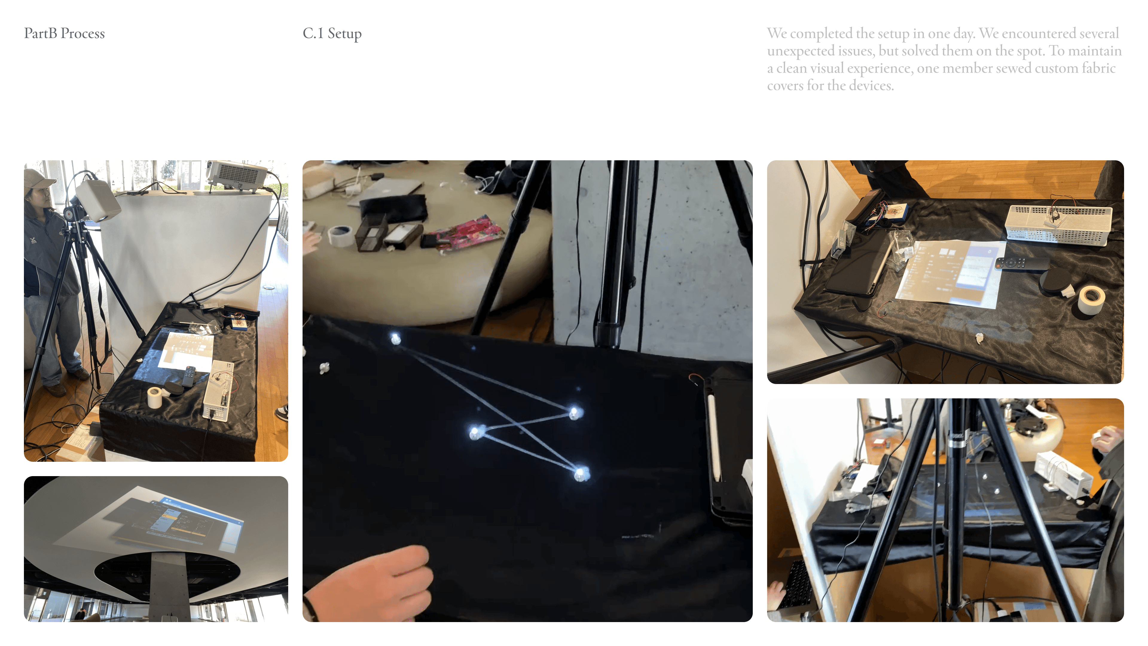 We completed the setup in one day. We encountered several unexpected issues, but solved them on the spot. To maintain a clean visual experience, one member sewed custom fabric covers for the devices.