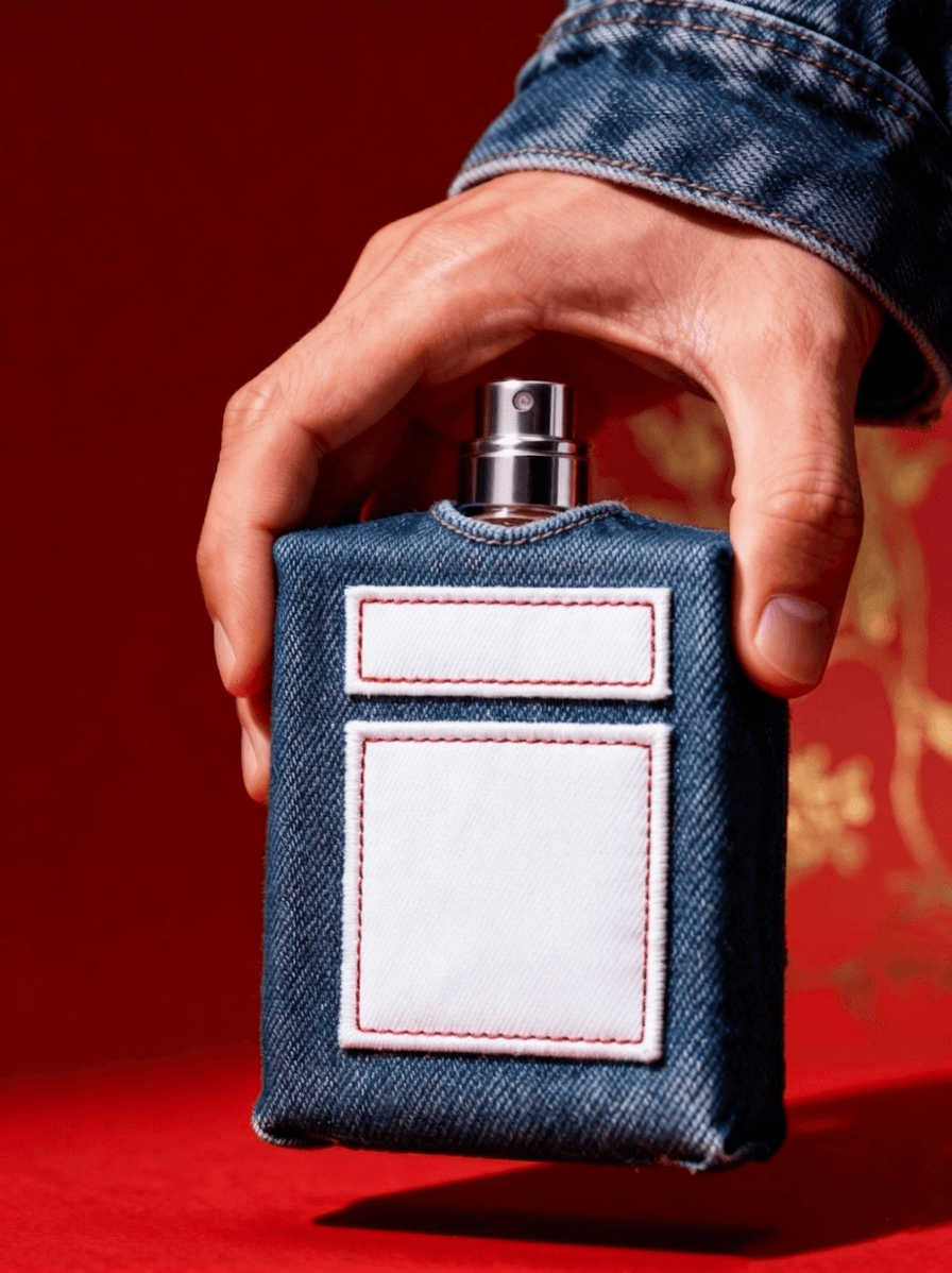 Denim-covered perfume bottle held by a hand
