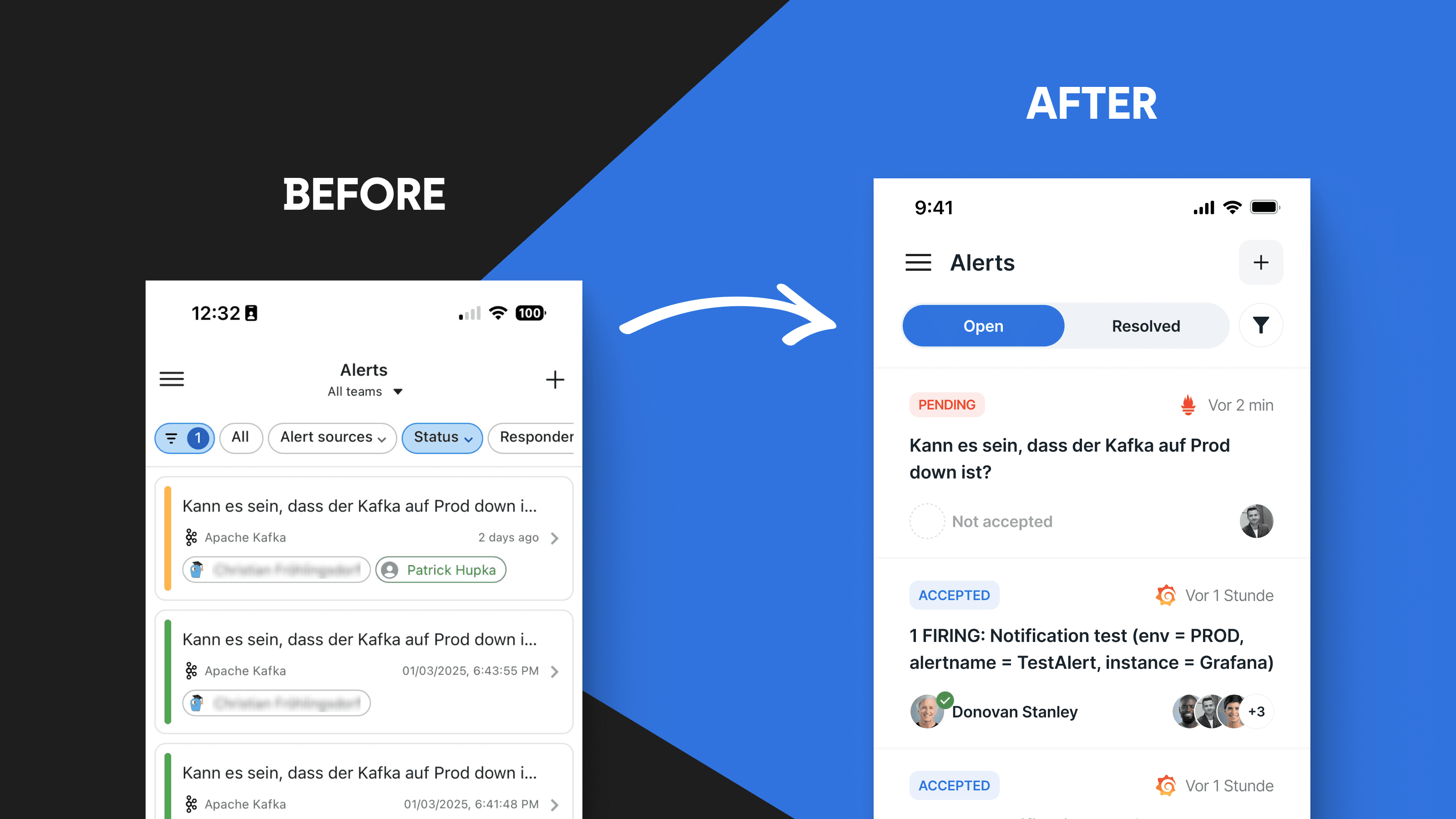 Vorher-Nachher-Vergleich einer Alert-Management-App. Die alte Version zeigt eine textlastige Oberfläche mit Filter-Buttons. Die neue Version bietet ein moderneres Design mit klarer Statusanzeige, besseren Nutzerbildern und einer optimierten Darstellung der Alerts.