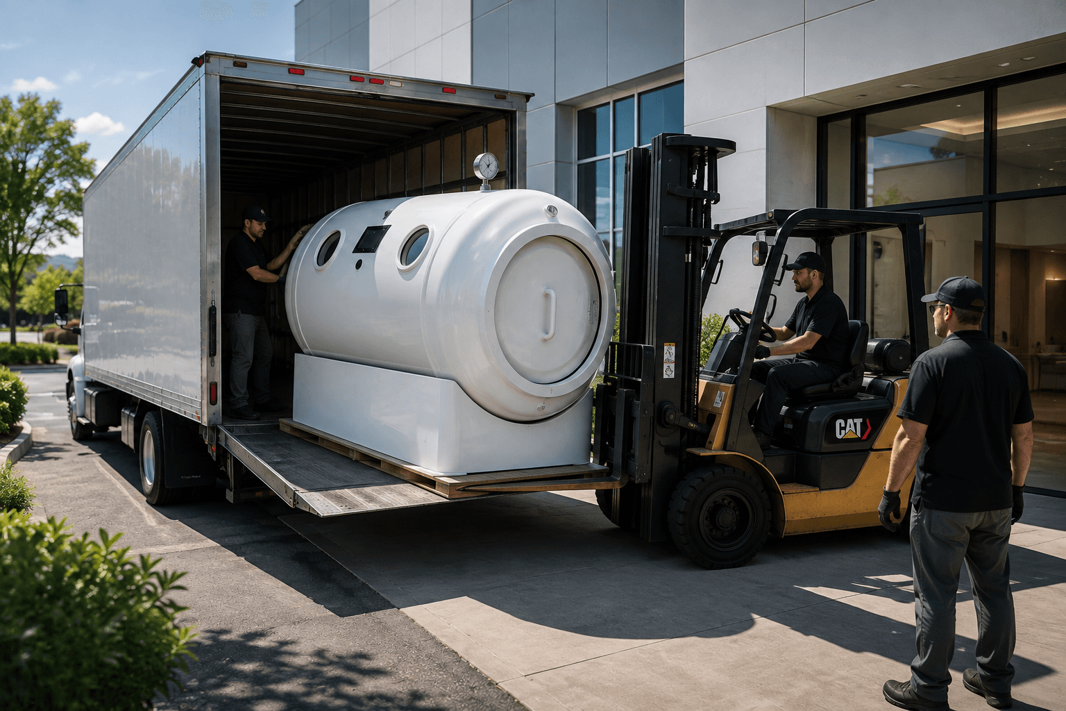 Commercial hyperbaric chamber being delivered to a medical facility before professional installation.