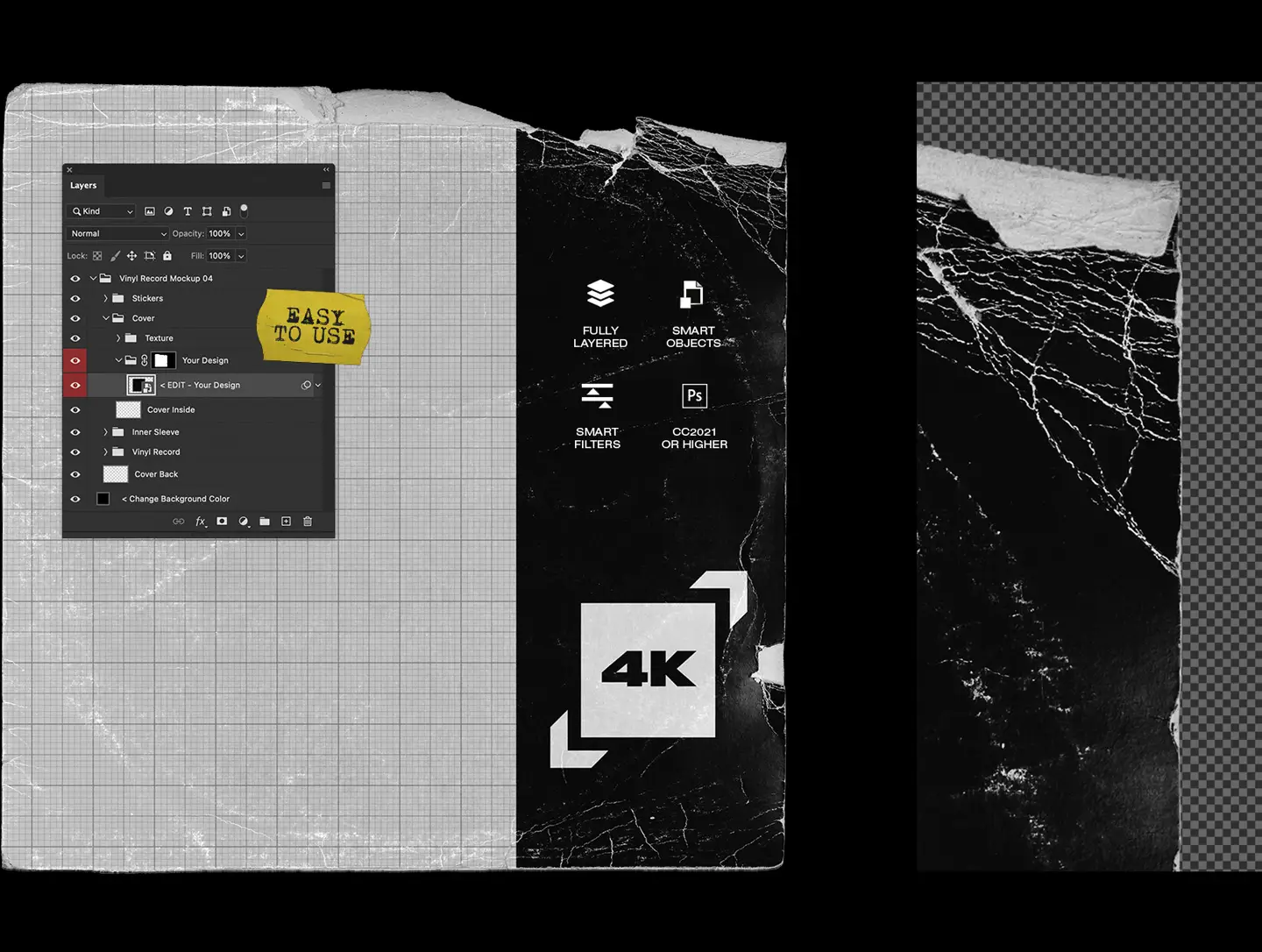 Vinyl record mockup close up showing distressed album cover texture detail