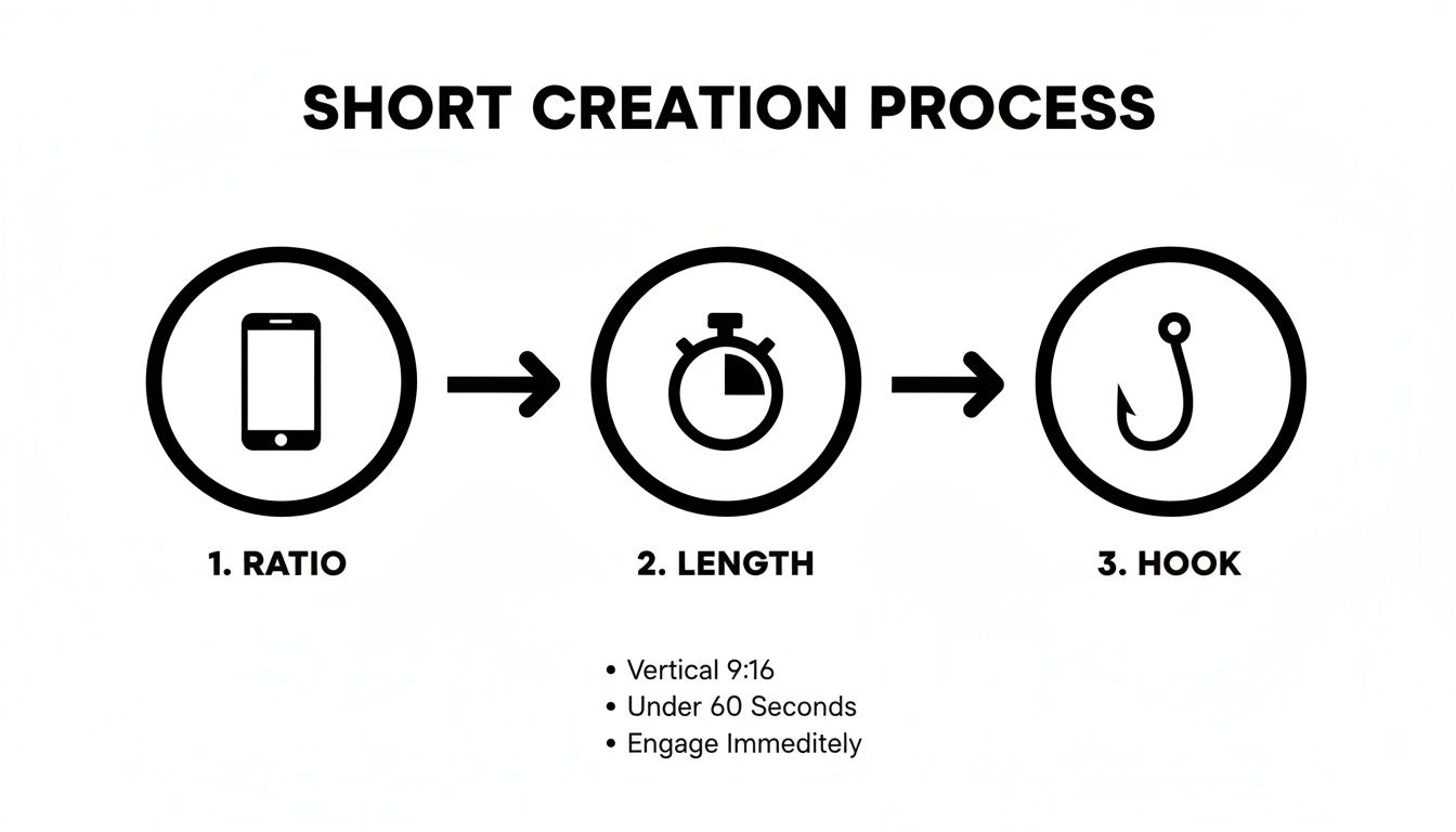 Diagram illustrating the 3-step short video creation process: ratio, length, and hook.