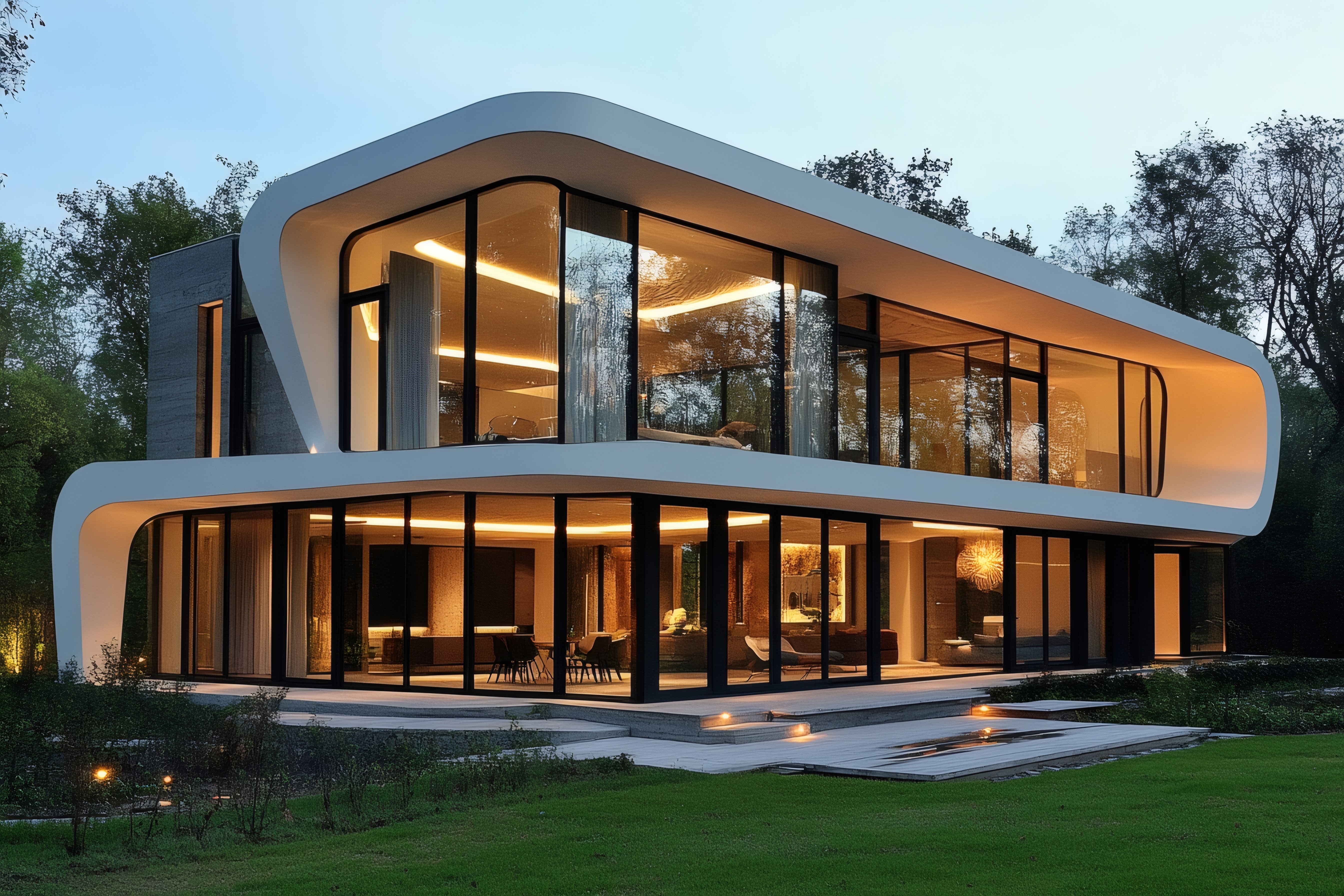 Modern luxury villa embracing nature with illuminated glass facade at dusk.
