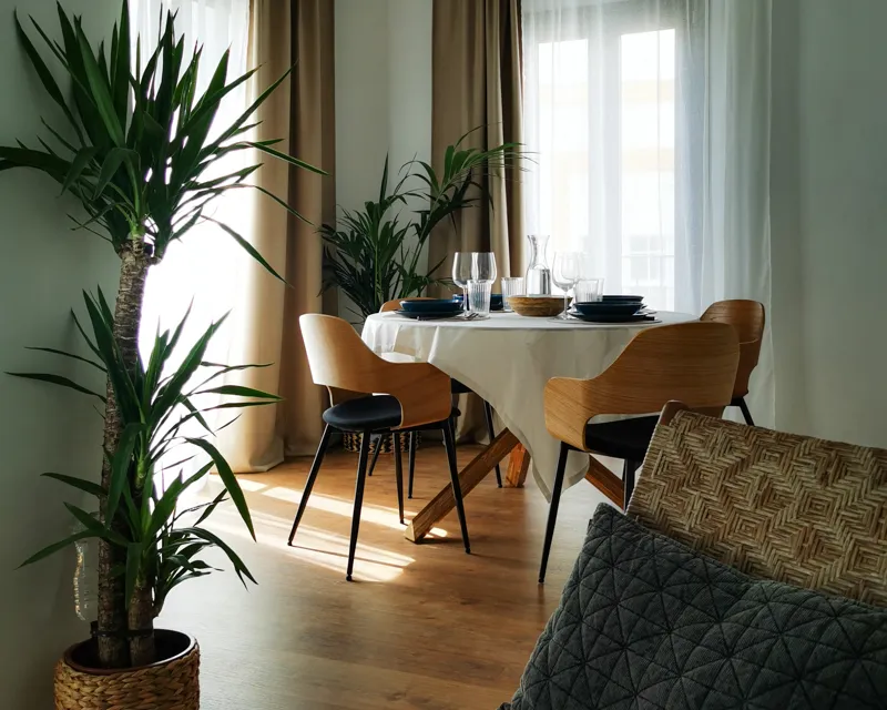 Moderner Essbereich mit natürlichem Licht und grünen Pflanzen in La Hipotenusa Tarifa