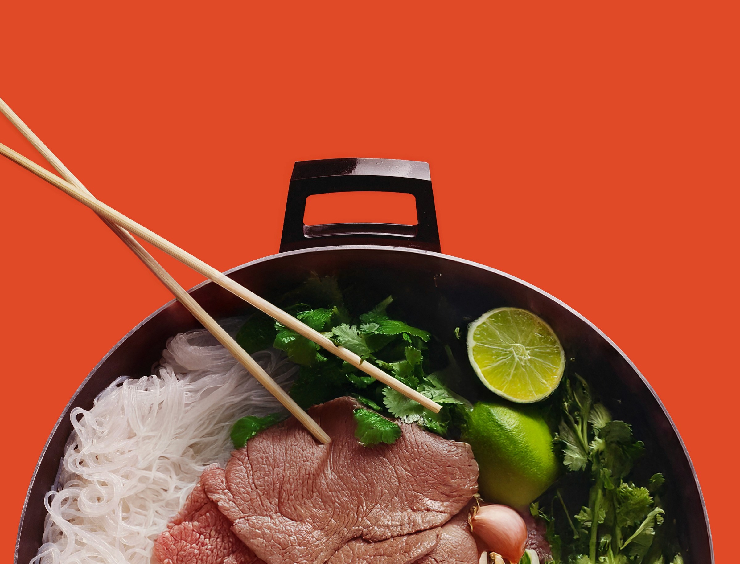 Vietnamese noodle dish infront of Mopho logo