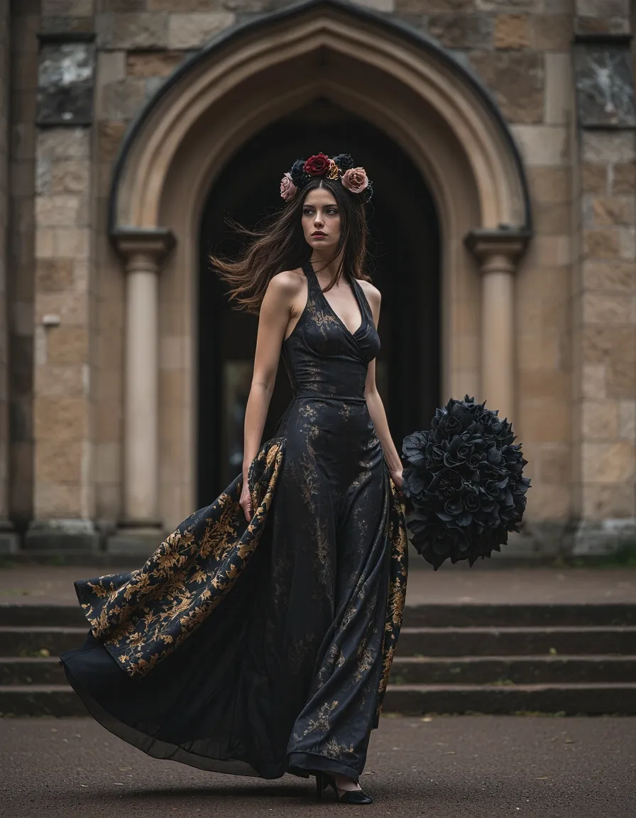 Elegant model in black and gold gown with floral crown standing before gothic archway, holding dark bouquet with dress flowing in motion