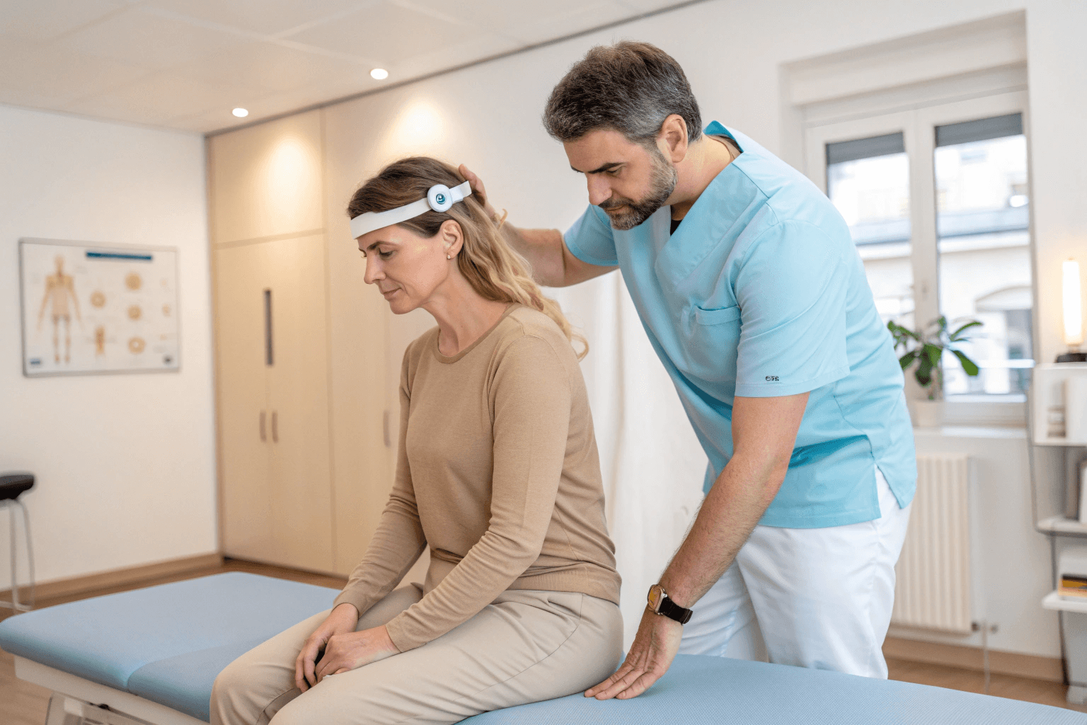 Kinésithérapeute vestibulaire à Charleroi aidant une patiente souffrant de vertiges lors d’un test d’équilibre.