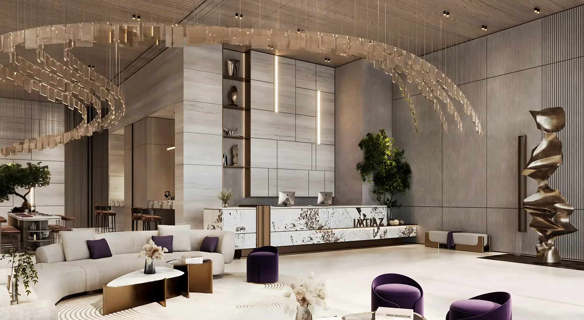 Spacious reception area in the modern lobby of Le Blanc by Imtiaz, showcasing sleek design and inviting atmosphere.