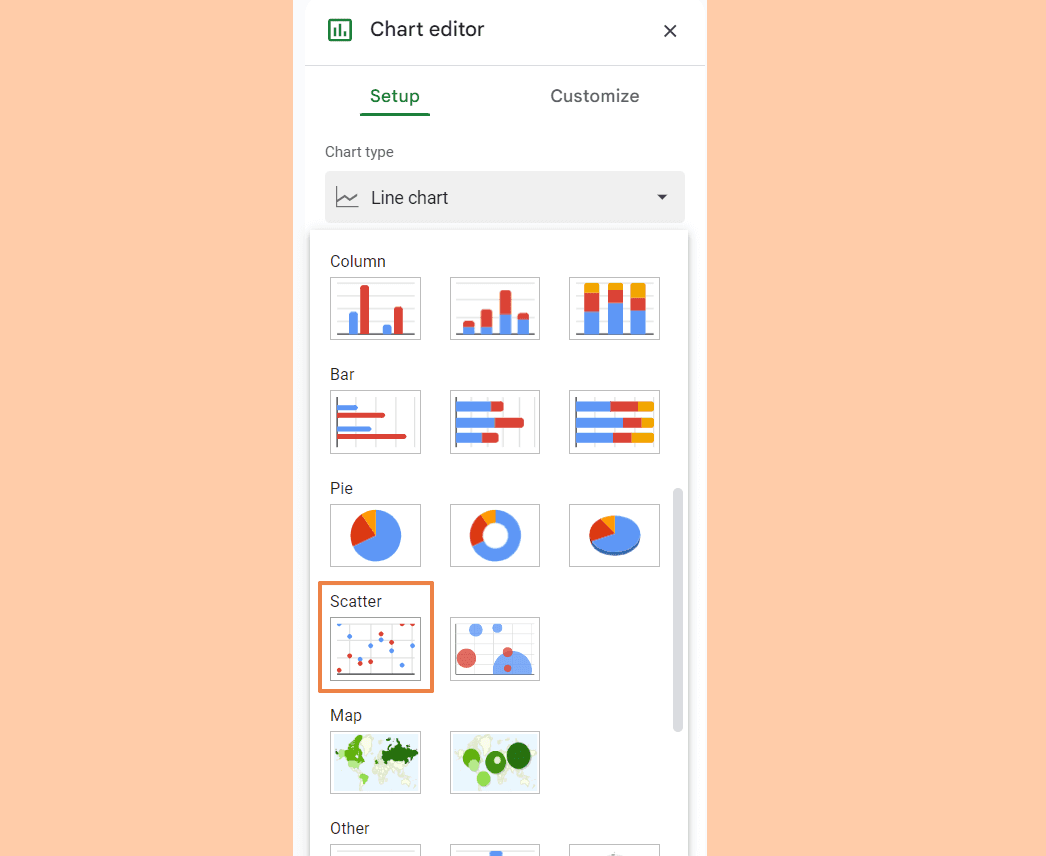 In the Chart Editor, choose Scatter chart from the Chart type menu.