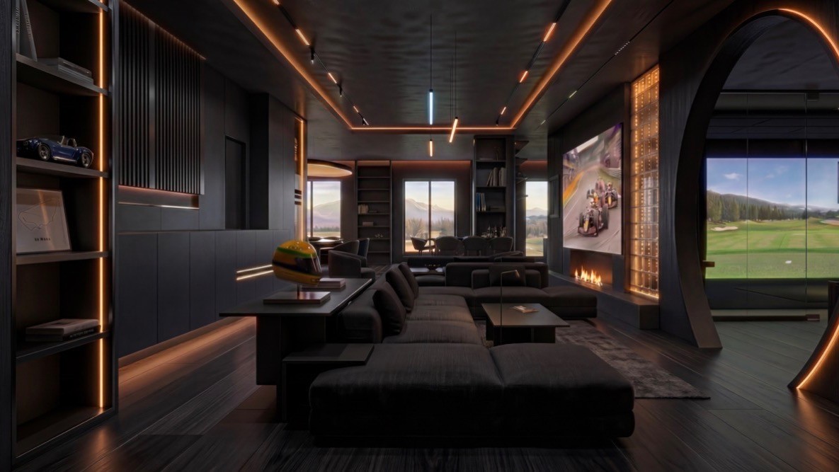 Inside the Eveso Members Lounge, moody, masculine style, montana, sport, cool space, auto club, adventure club