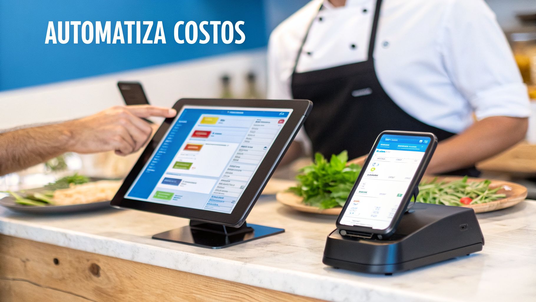 Persona interactuando con tablet y smartphone en un restaurante para automatizar costos, con un chef de fondo.