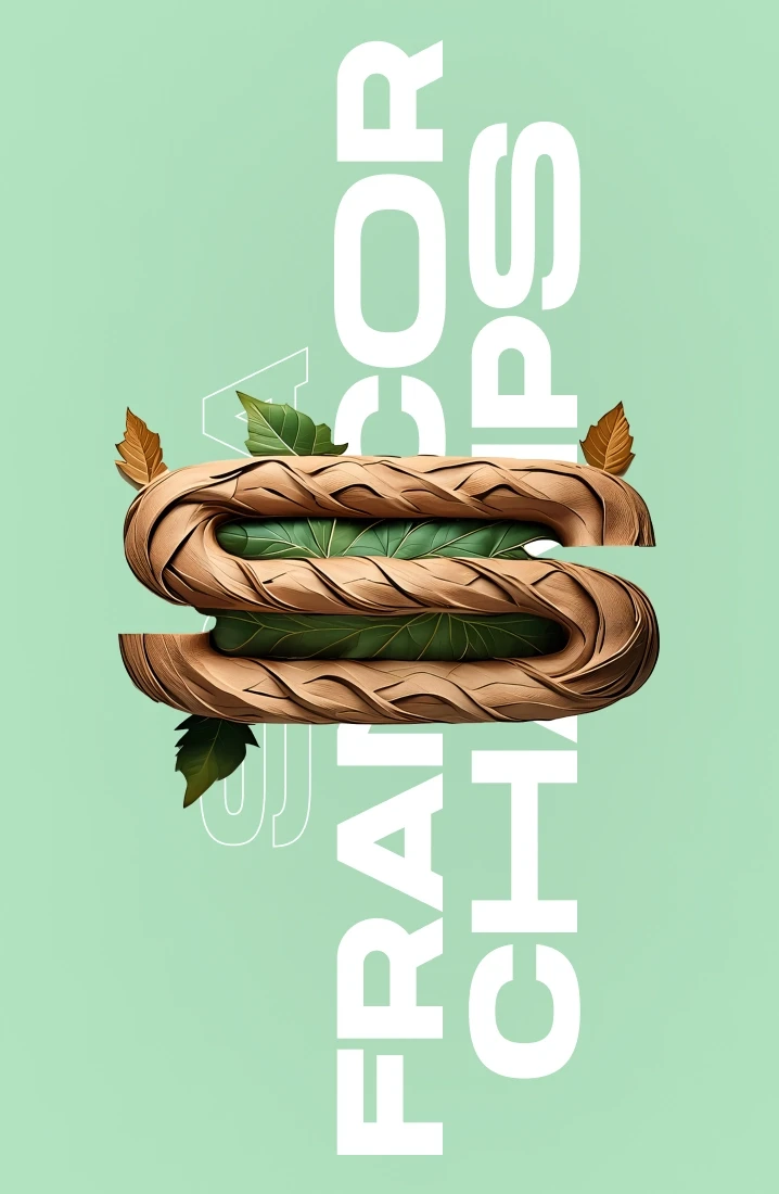 3D letter ‘S’ made of intertwined wood and green leaves on a mint green background with bold white text reading ‘FRANCOR CHAMPS.’