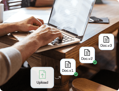 Person using a laptop to upload and archive digital documents with icons for files and version control.